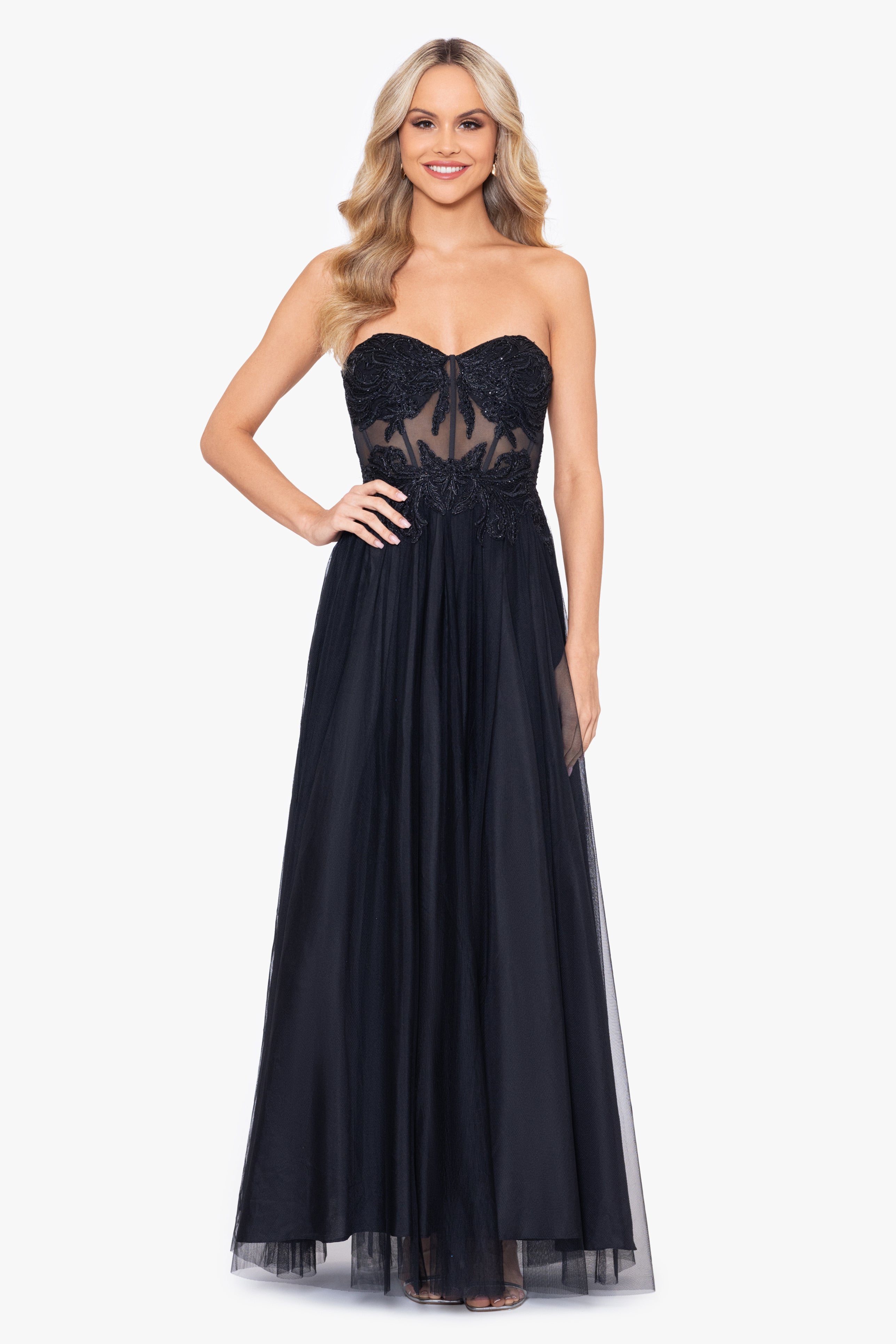 &quot;Ryann&quot; Long Mesh Illusion Applique Ballgown