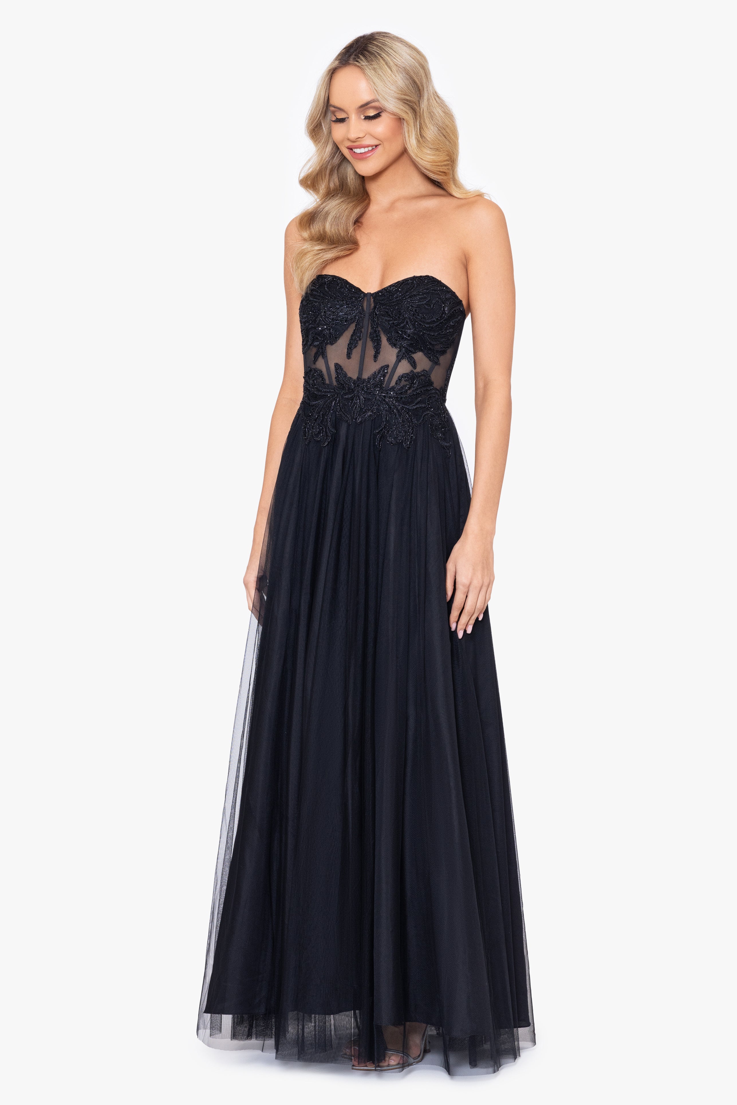 &quot;Ryann&quot; Long Mesh Illusion Applique Ballgown