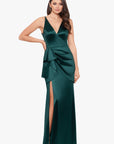 "Robin" Long Satin V-Neck Ruffle Dress