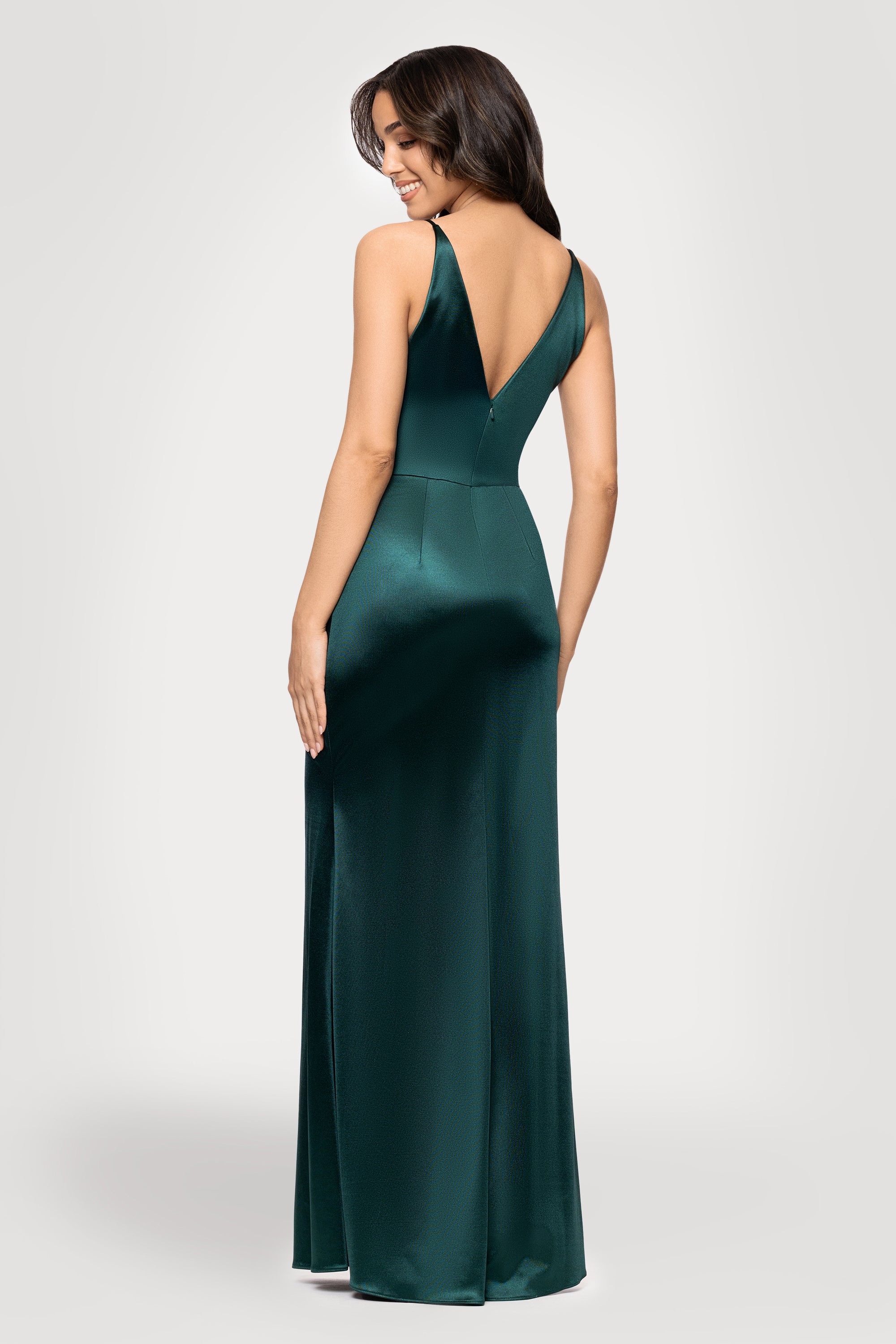 &quot;Robin&quot; Long Satin V-Neck Ruffle Dress