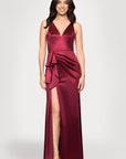 "Robin" Long Satin V-Neck Ruffle Dress