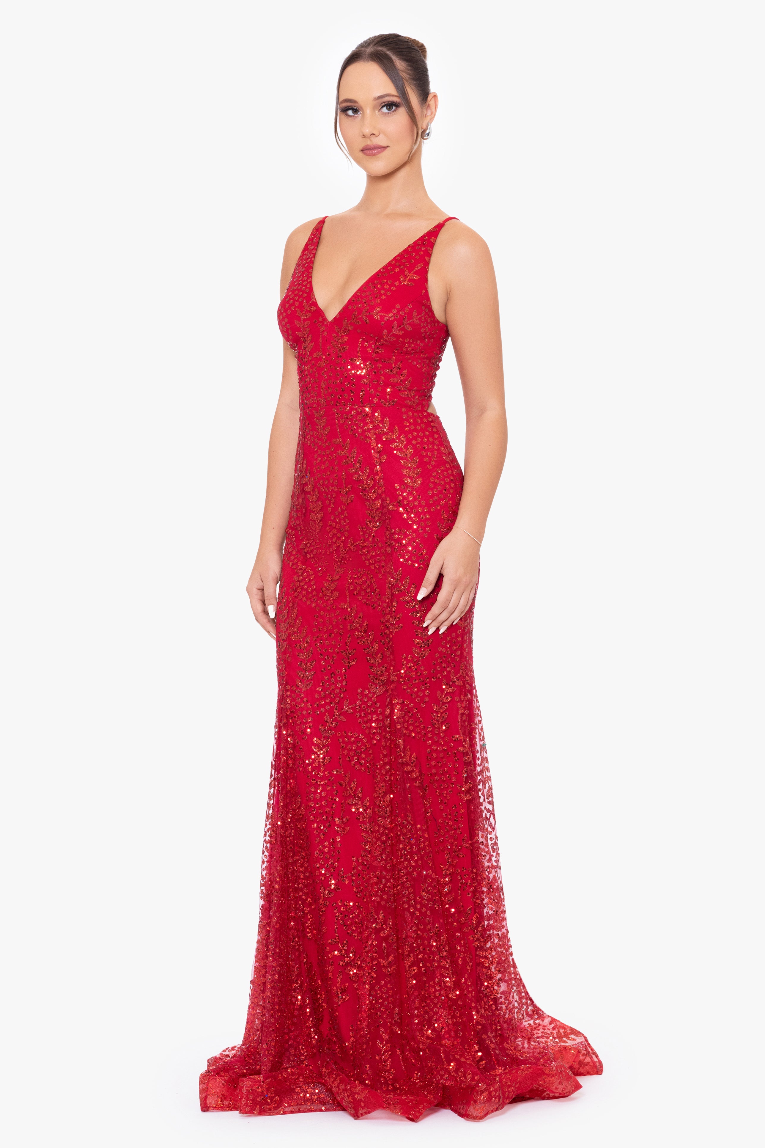 &quot;Jocelyn&quot; Long Glitter Mesh V-Neck Dress