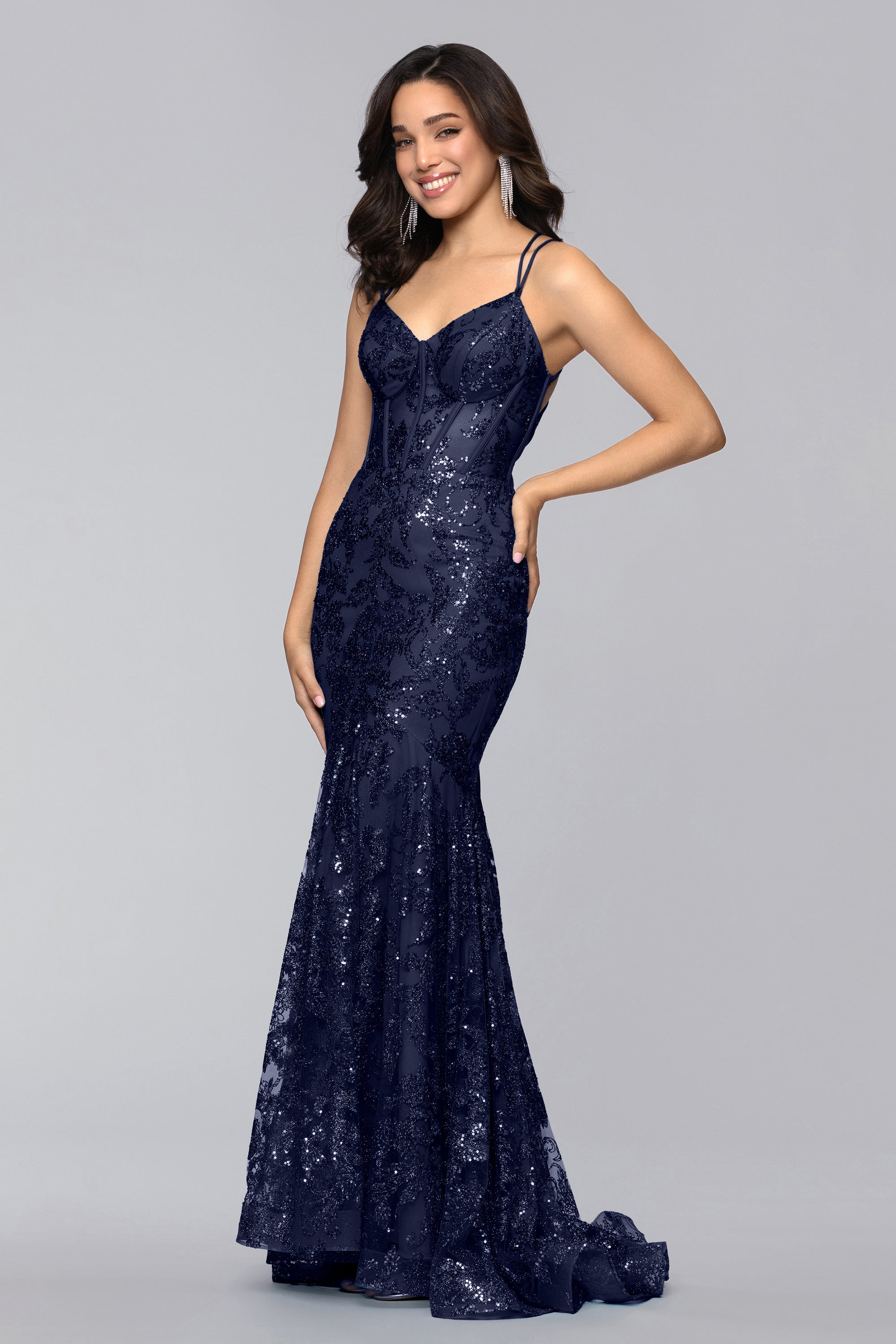 "Tammi" Long Sequin Mesh Mermaid Lace-Up Dress