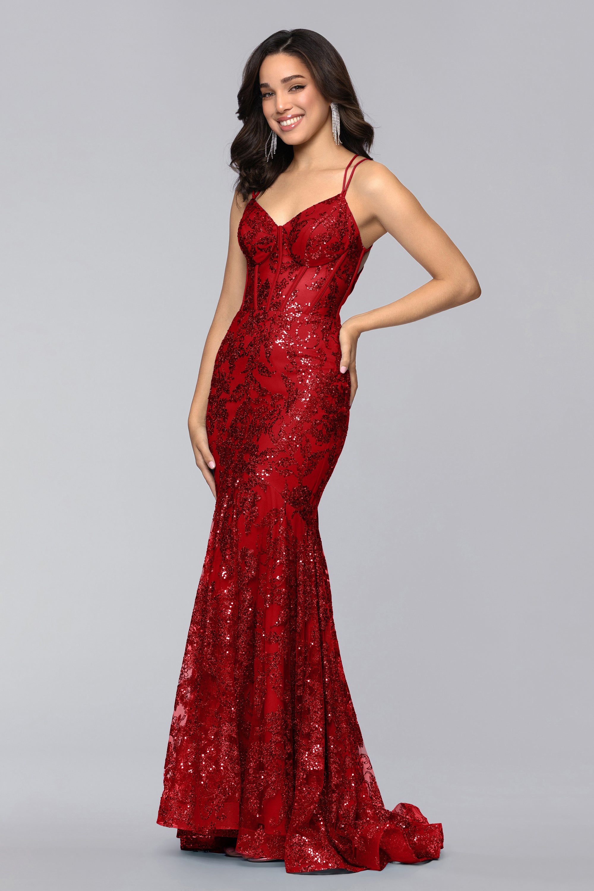 "Tammi" Long Sequin Mesh Mermaid Lace-Up Dress