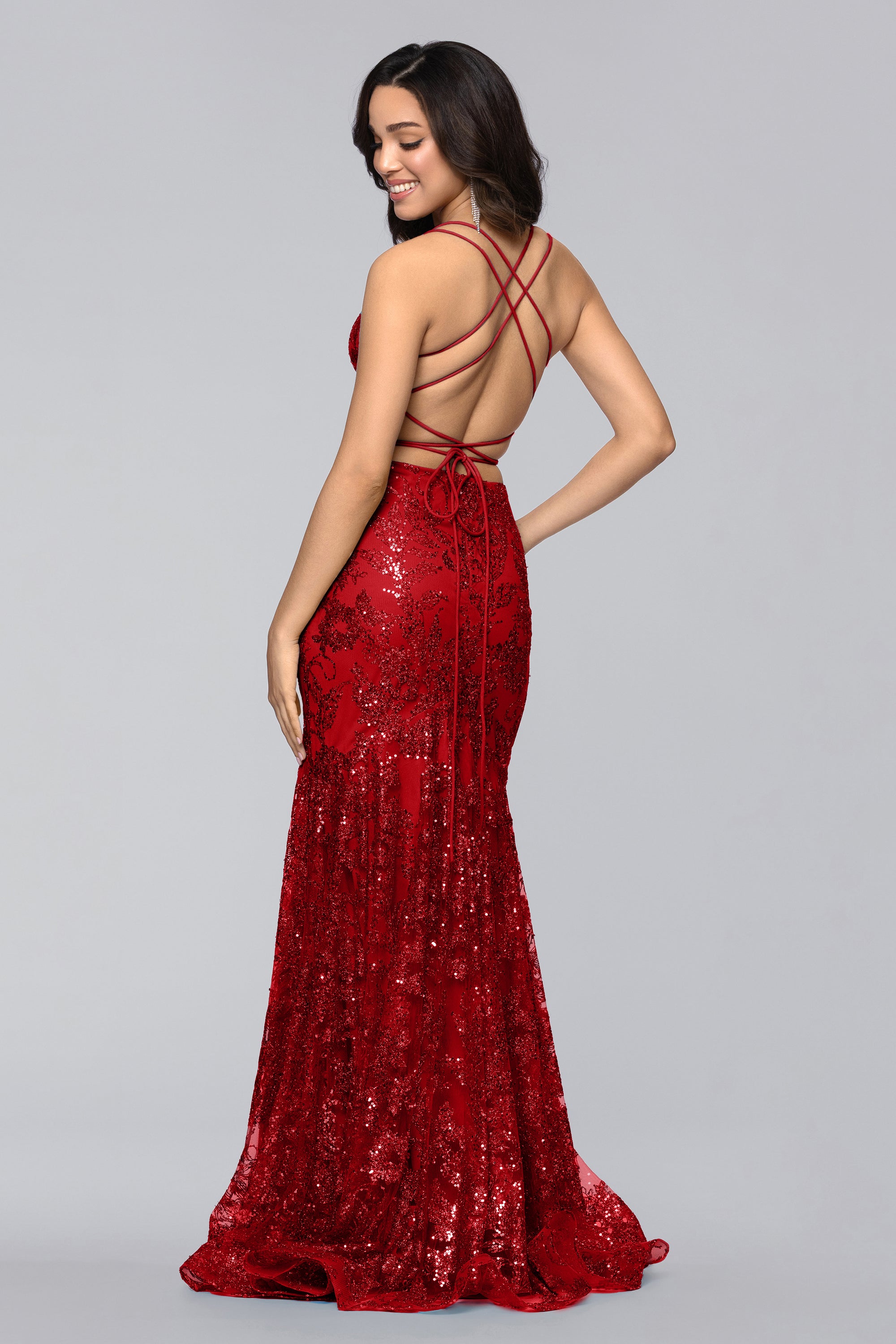 "Tammi" Long Sequin Mesh Mermaid Lace-Up Dress