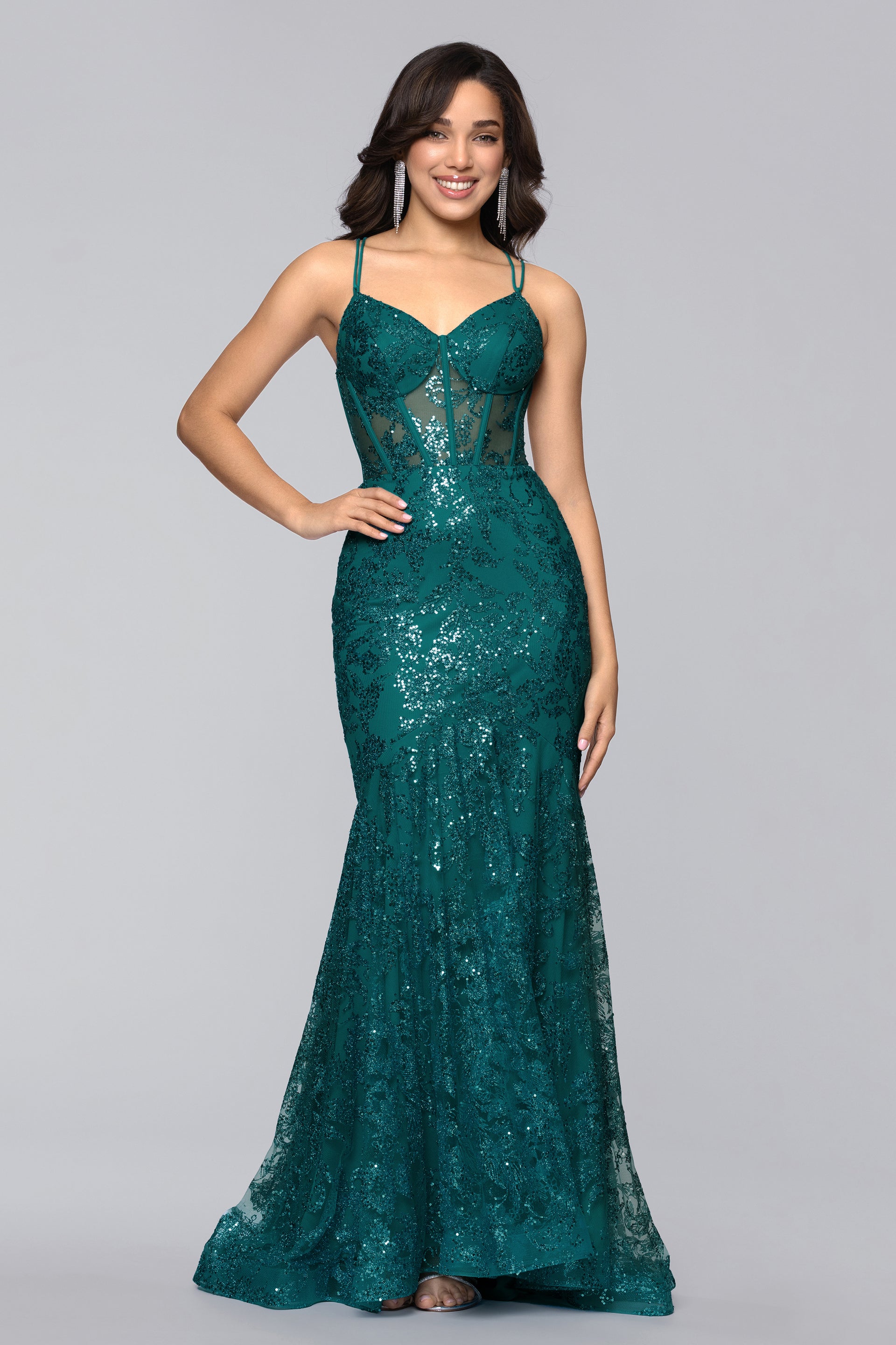 Tammi Long Sequin Mesh Mermaid Tieback Dress