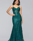 "Tammi" Long Sequin Mesh Mermaid Lace-Up Dress
