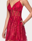 "Ava" Short Glitter Illusion Lace Up Dress