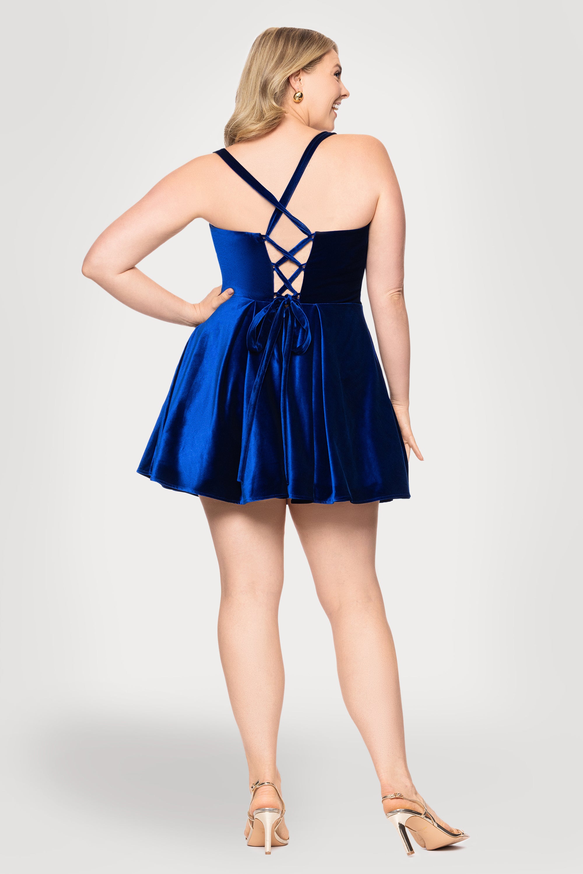 Plus Ella Short Velvet Tie Up Back Dress | Blondie Nites Sapphire / 14W Plus Ella Short Velvet Tie Up Back Dress | Blondie Nites Sapphire / 14W