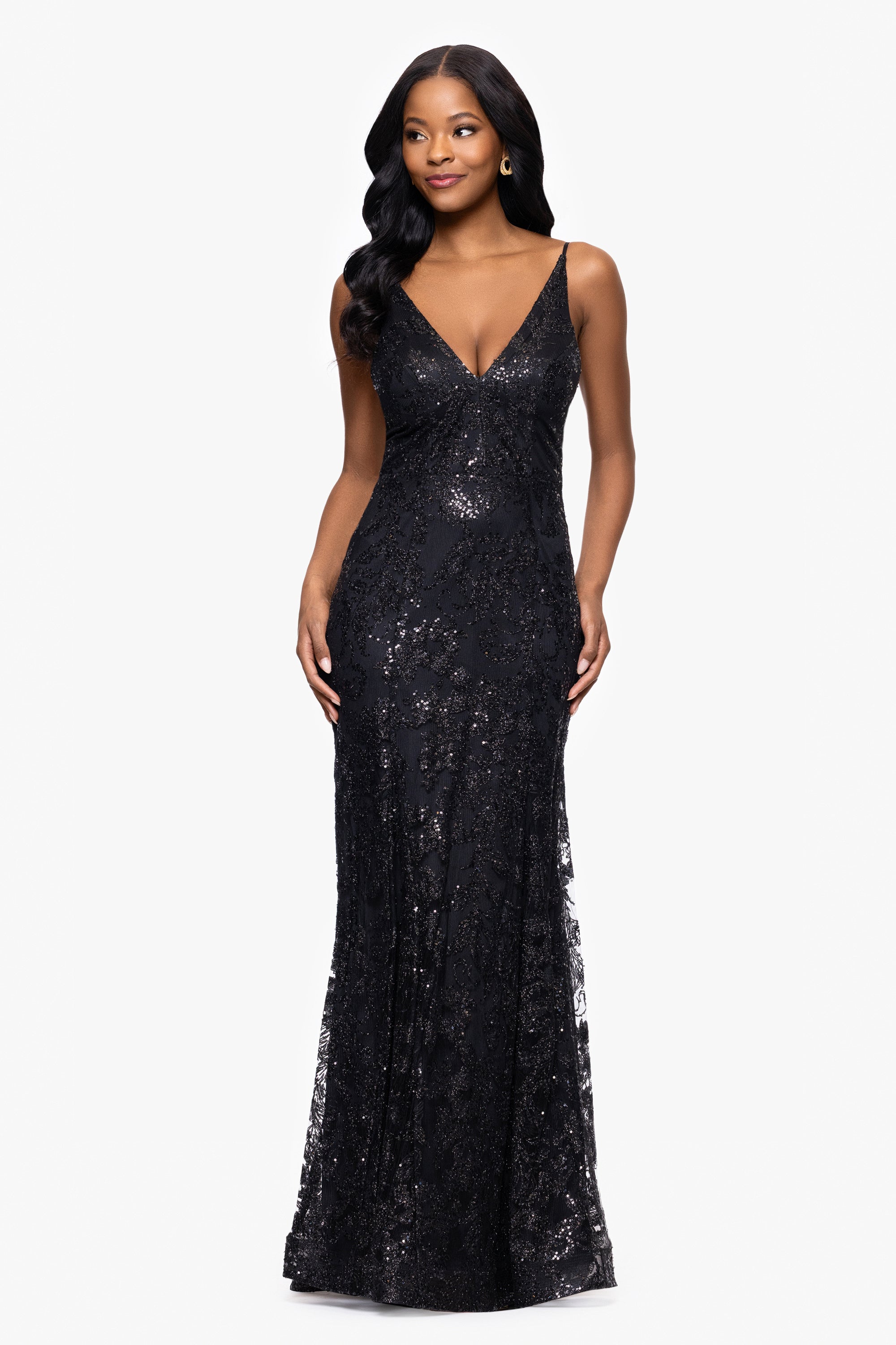 &quot;Zoey&quot; Glitter V-Neck Floor Length Dress