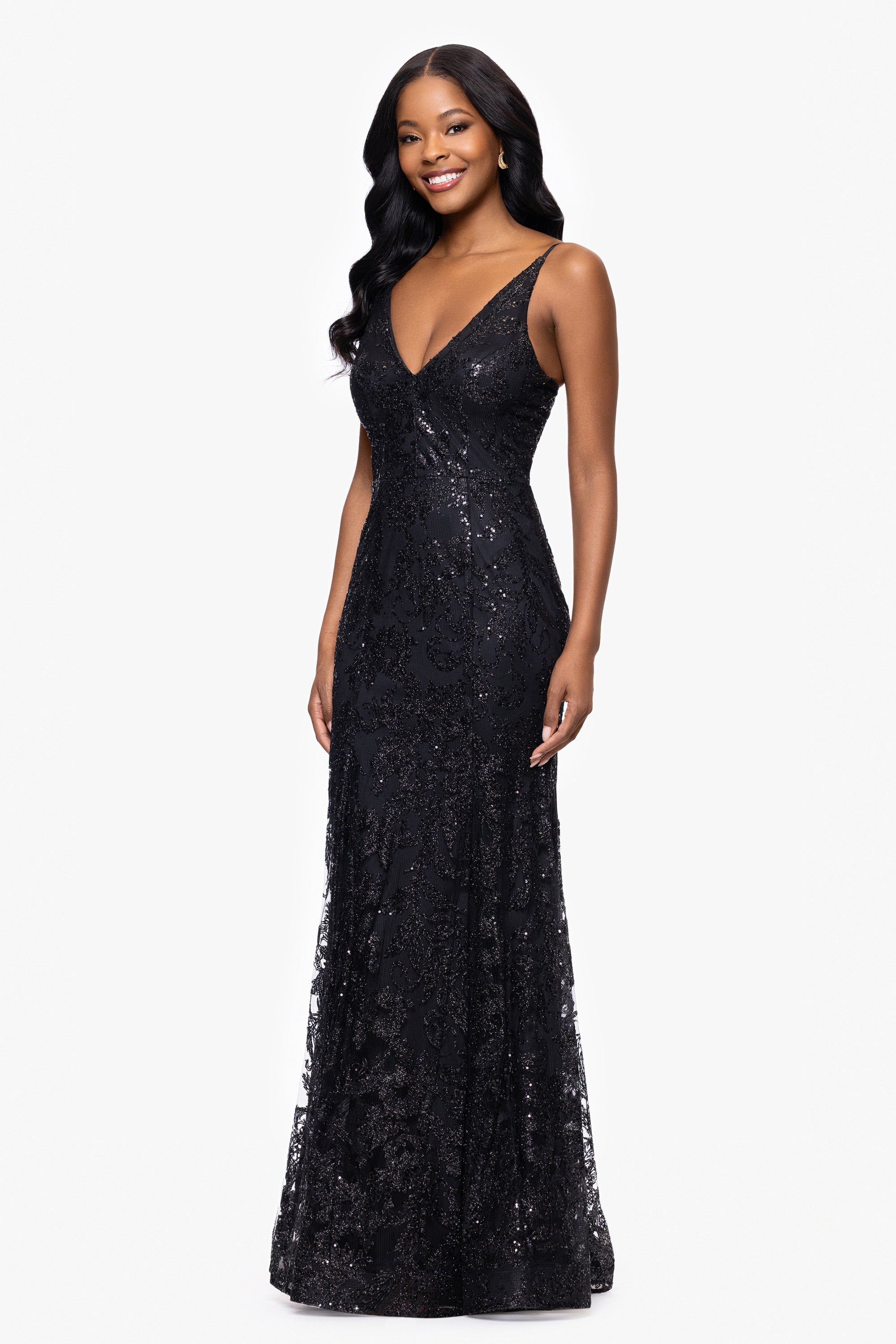 &quot;Zoey&quot; Glitter V-Neck Floor Length Dress