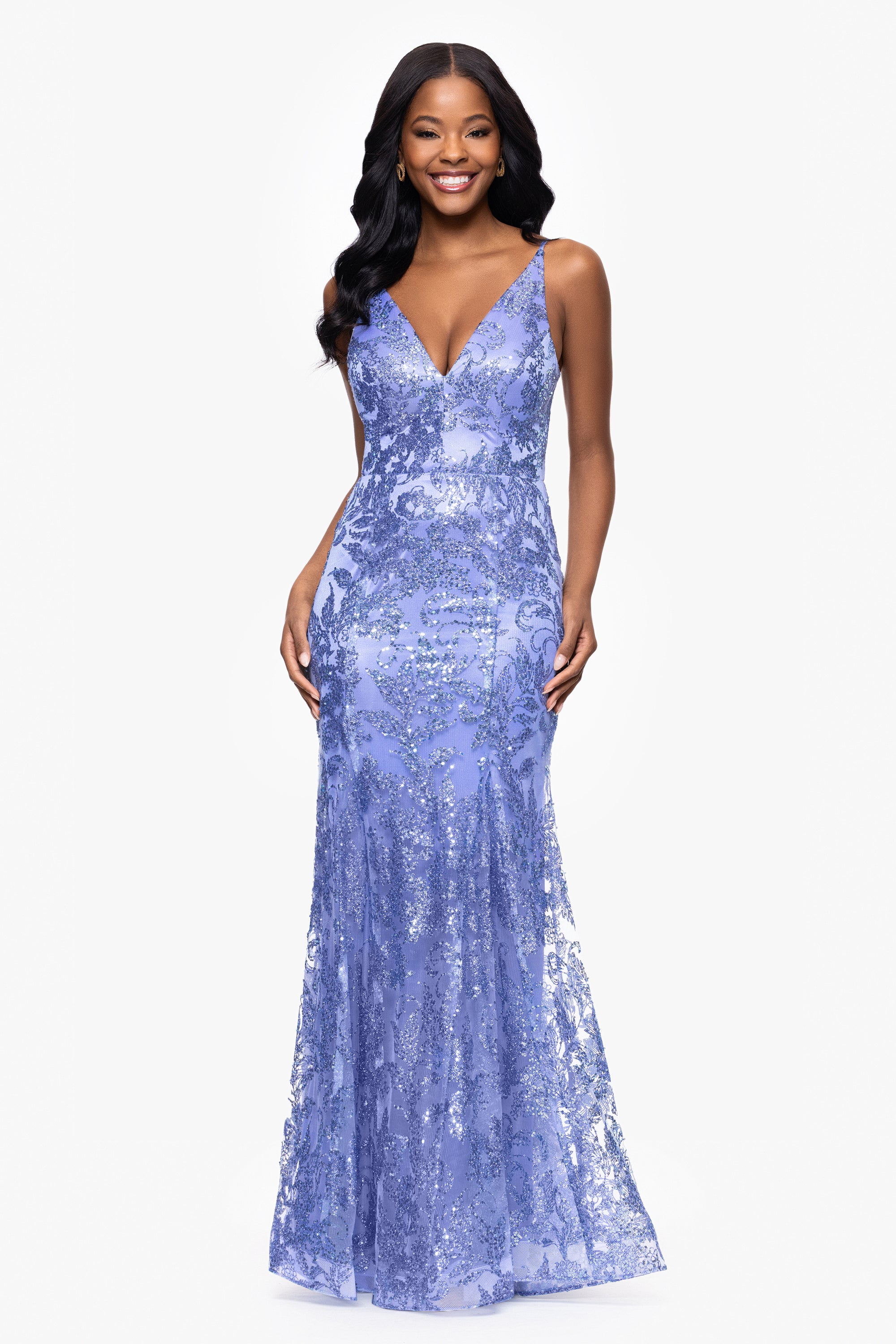 &quot;Zoey&quot; Glitter V-Neck Floor Length Dress