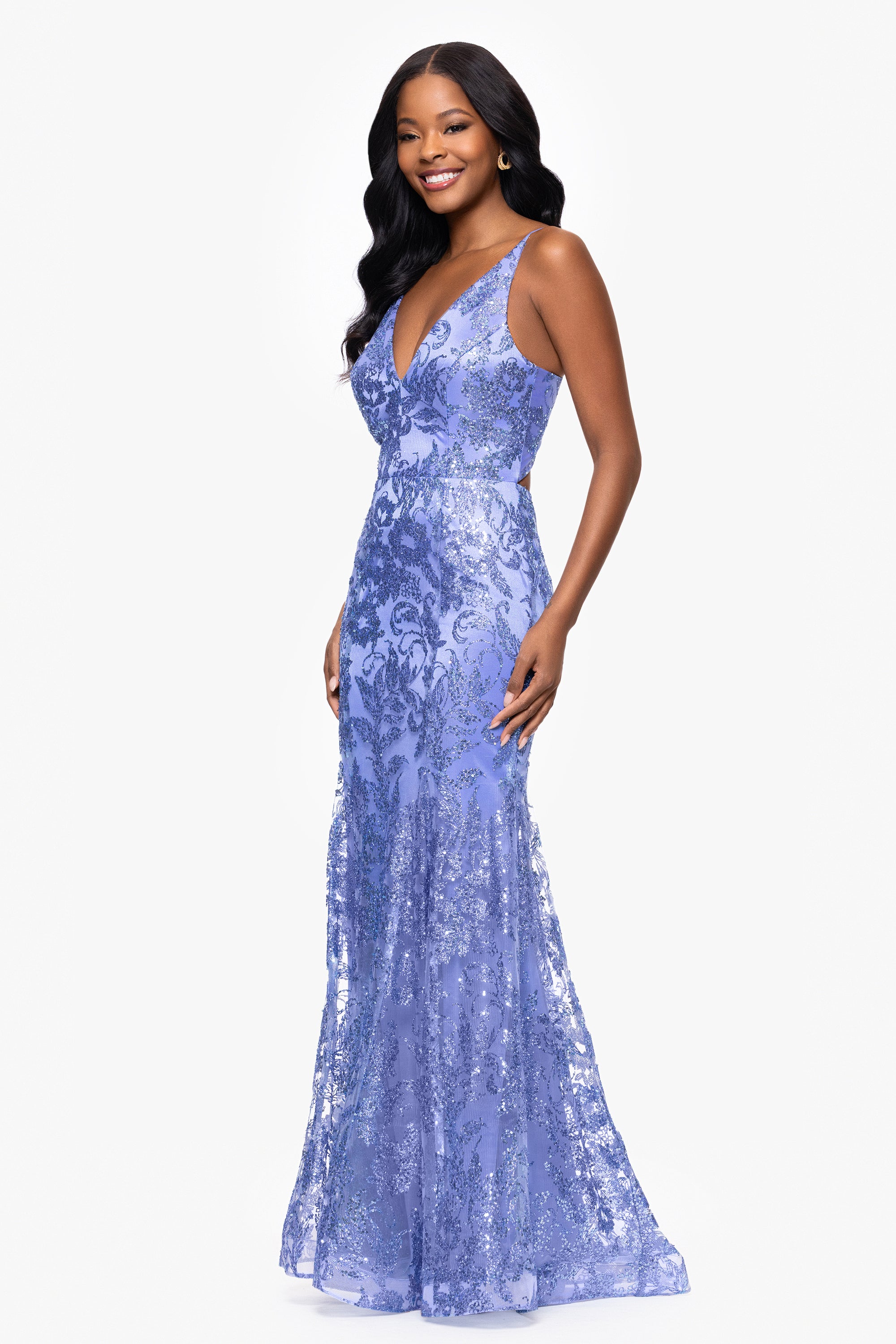 &quot;Zoey&quot; Glitter V-Neck Floor Length Dress