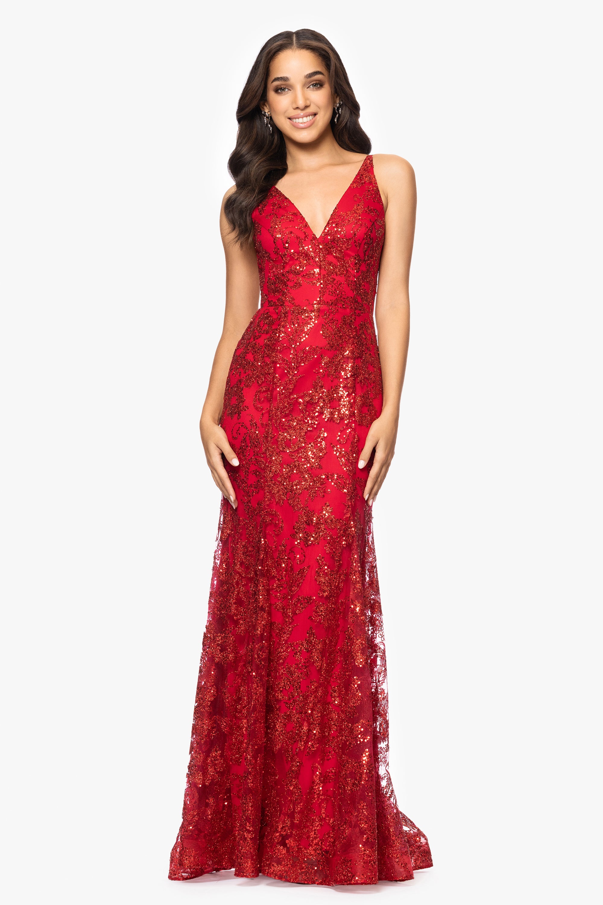 &quot;Zoey&quot; Glitter V-Neck Floor Length Dress