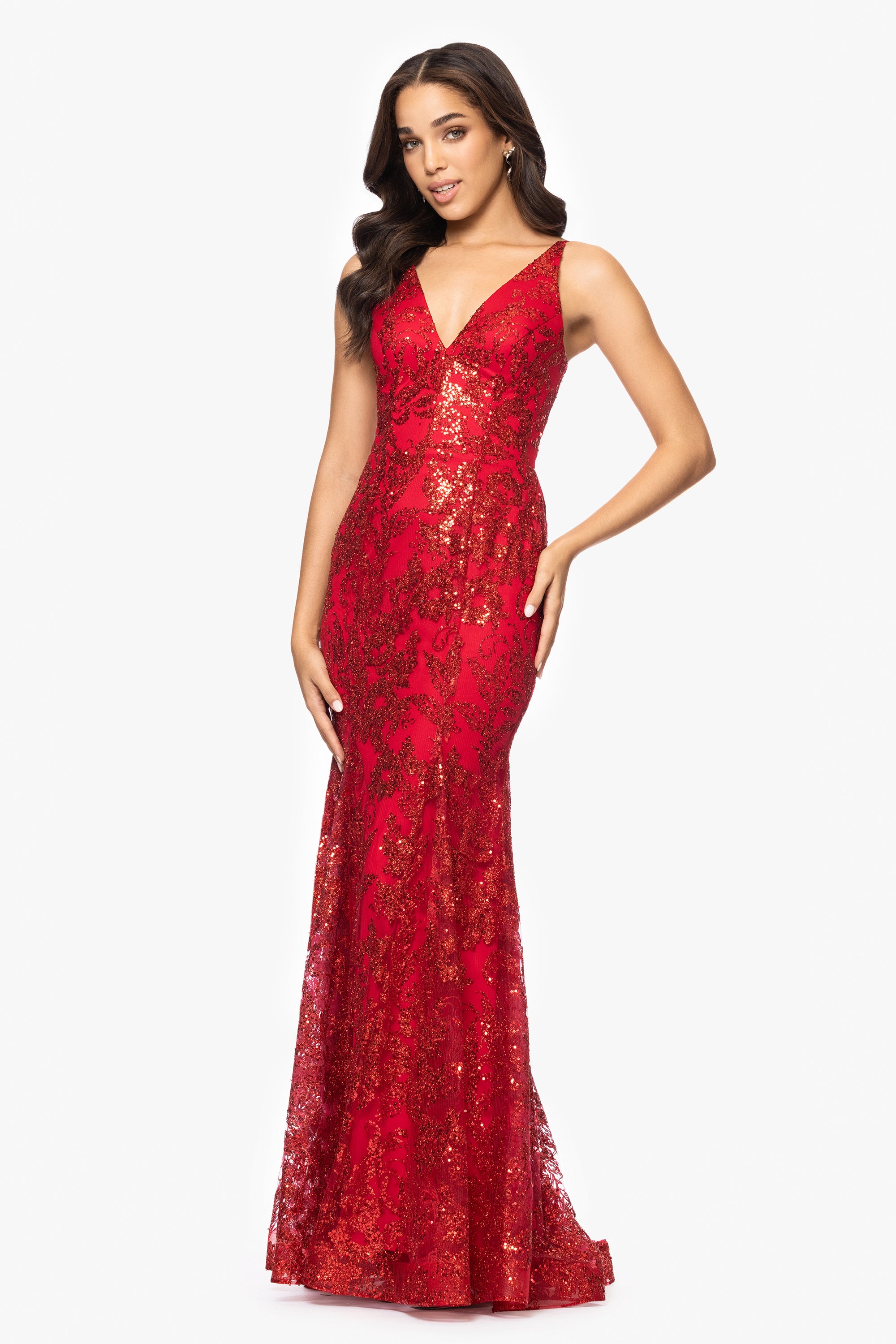 &quot;Zoey&quot; Glitter V-Neck Floor Length Dress