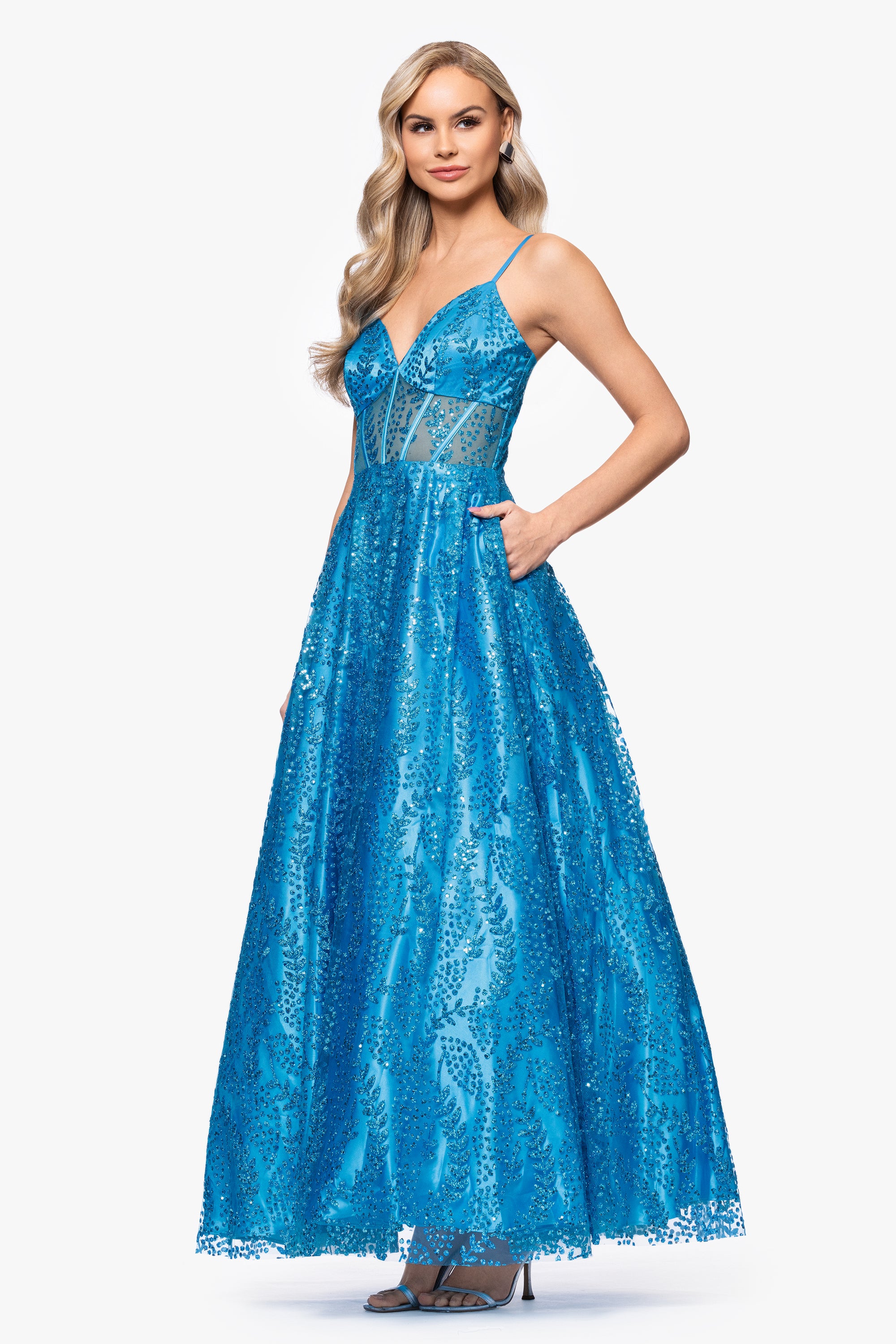 &quot;Lizzy&quot; Glitter Mesh Corset Floor Length Dress