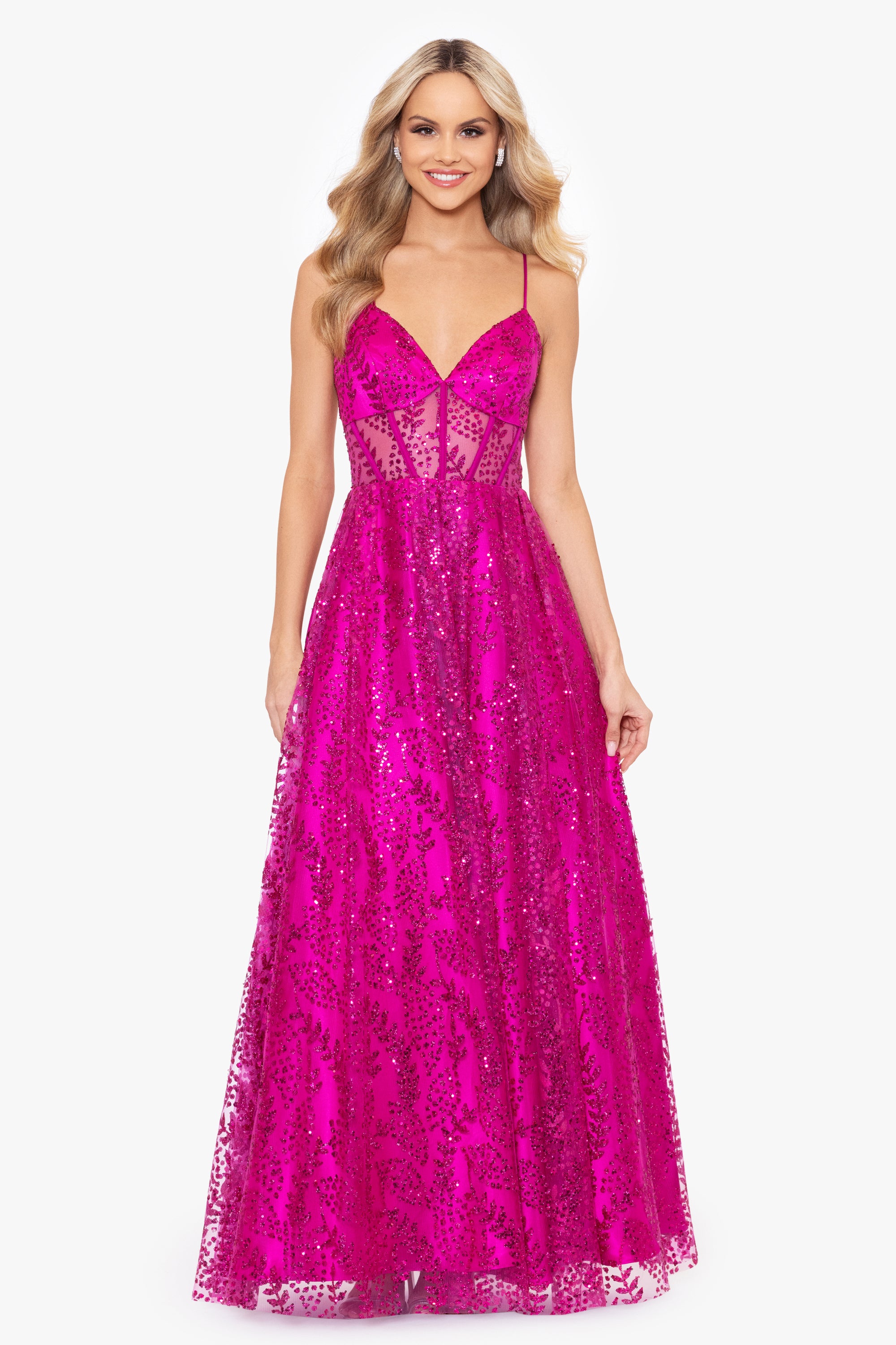 &quot;Lizzy&quot; Glitter Mesh Corset Floor Length Dress