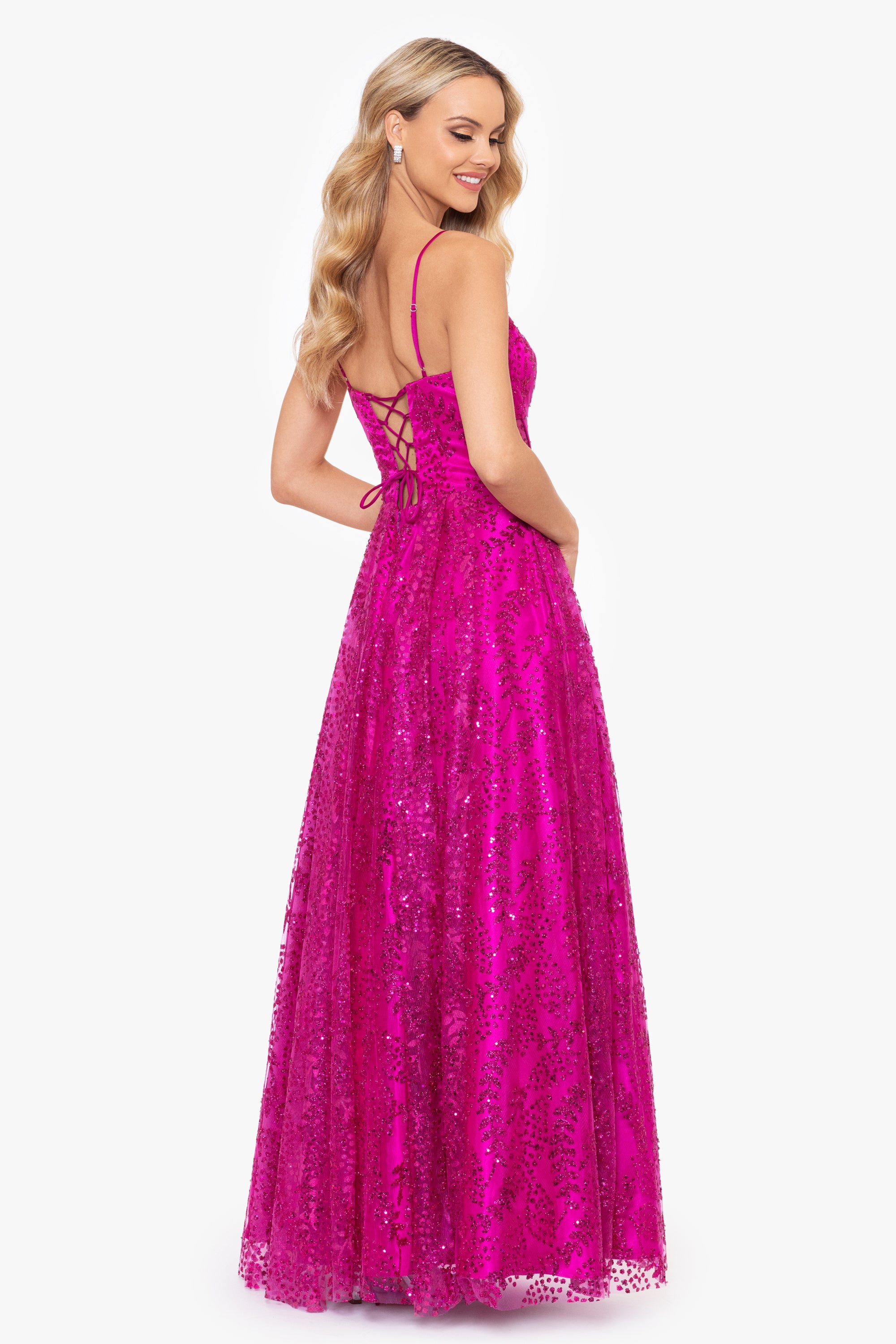 &quot;Lizzy&quot; Glitter Mesh Corset Floor Length Dress