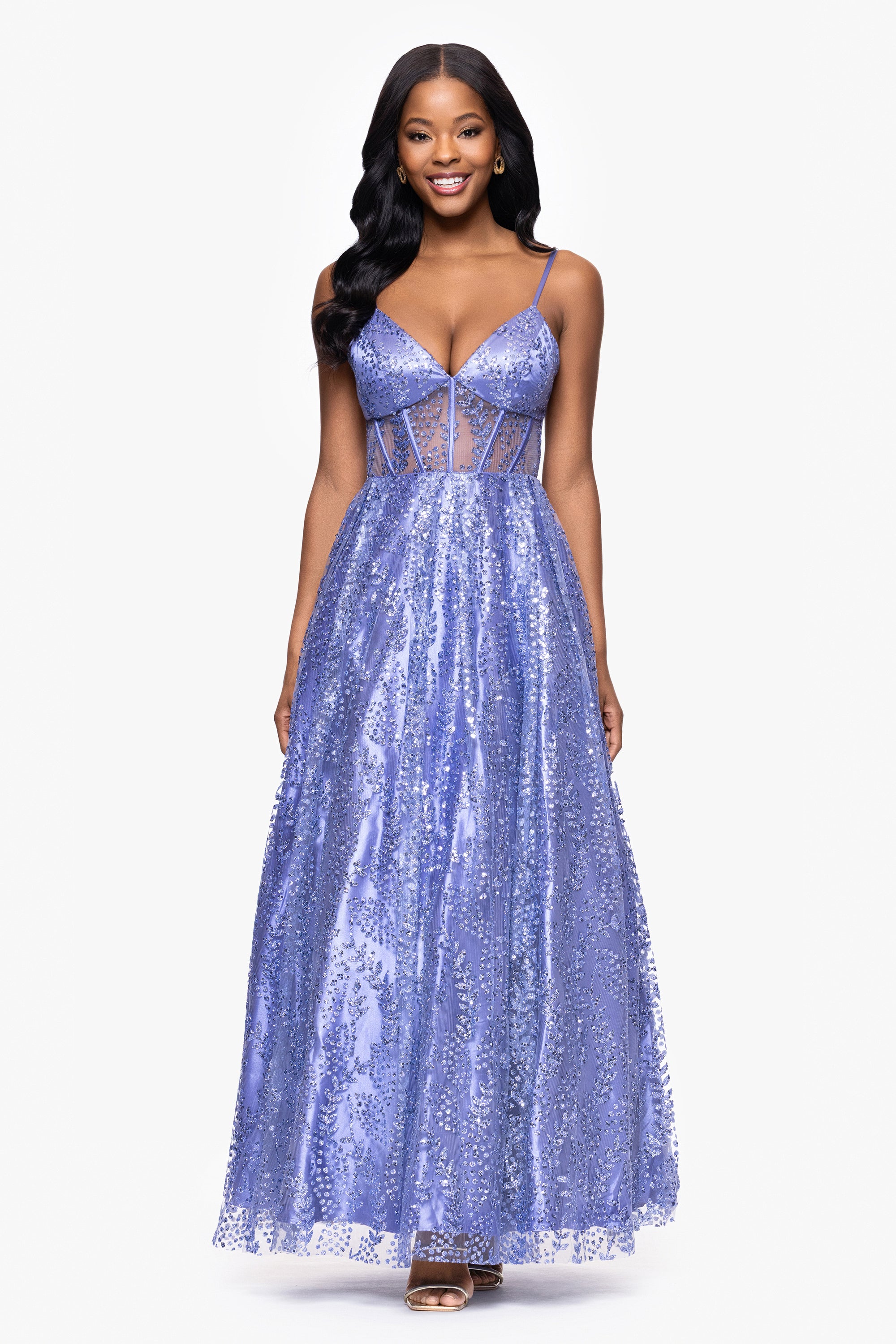 &quot;Lizzy&quot; Glitter Mesh Corset Floor Length Dress