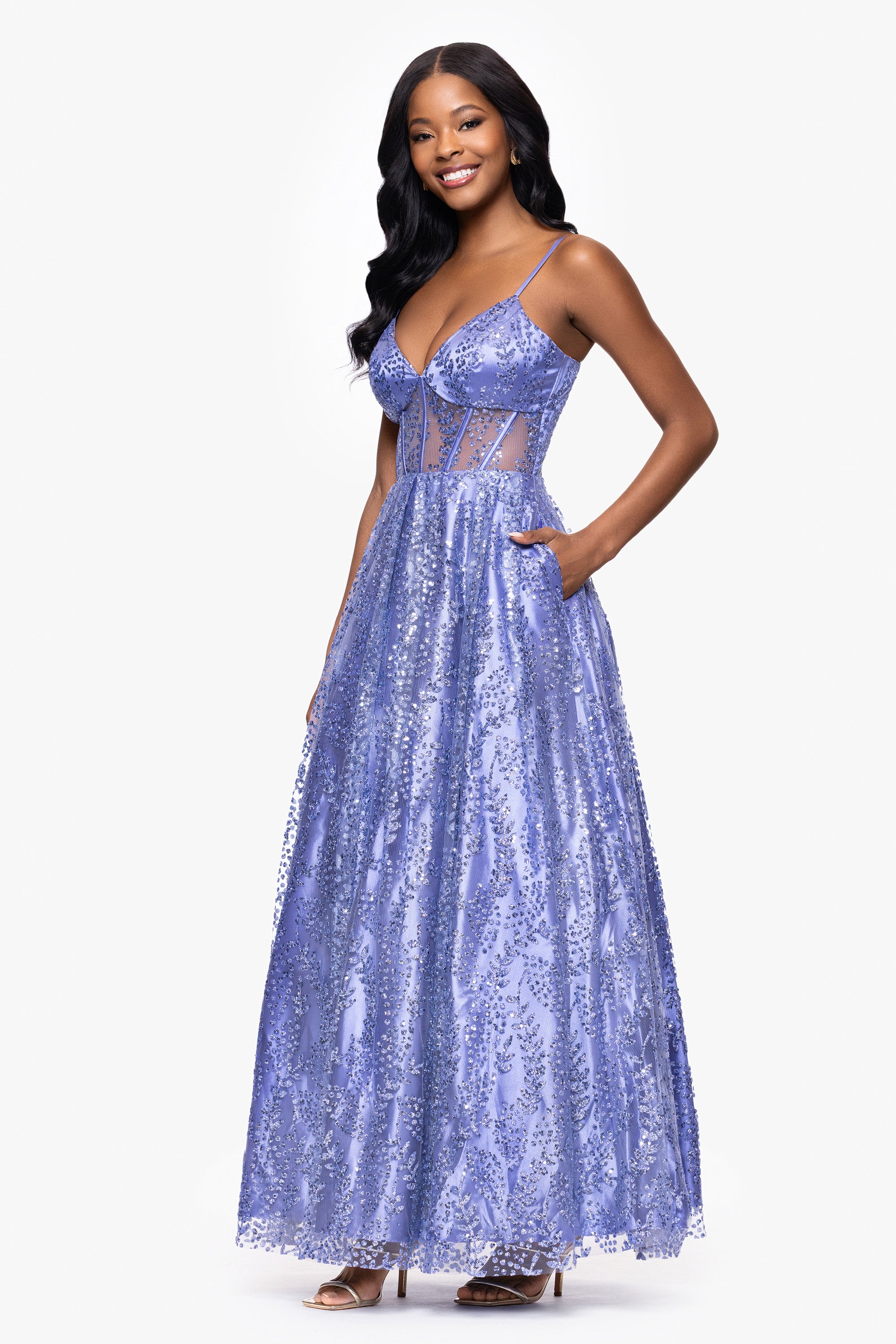 &quot;Lizzy&quot; Glitter Mesh Corset Floor Length Dress