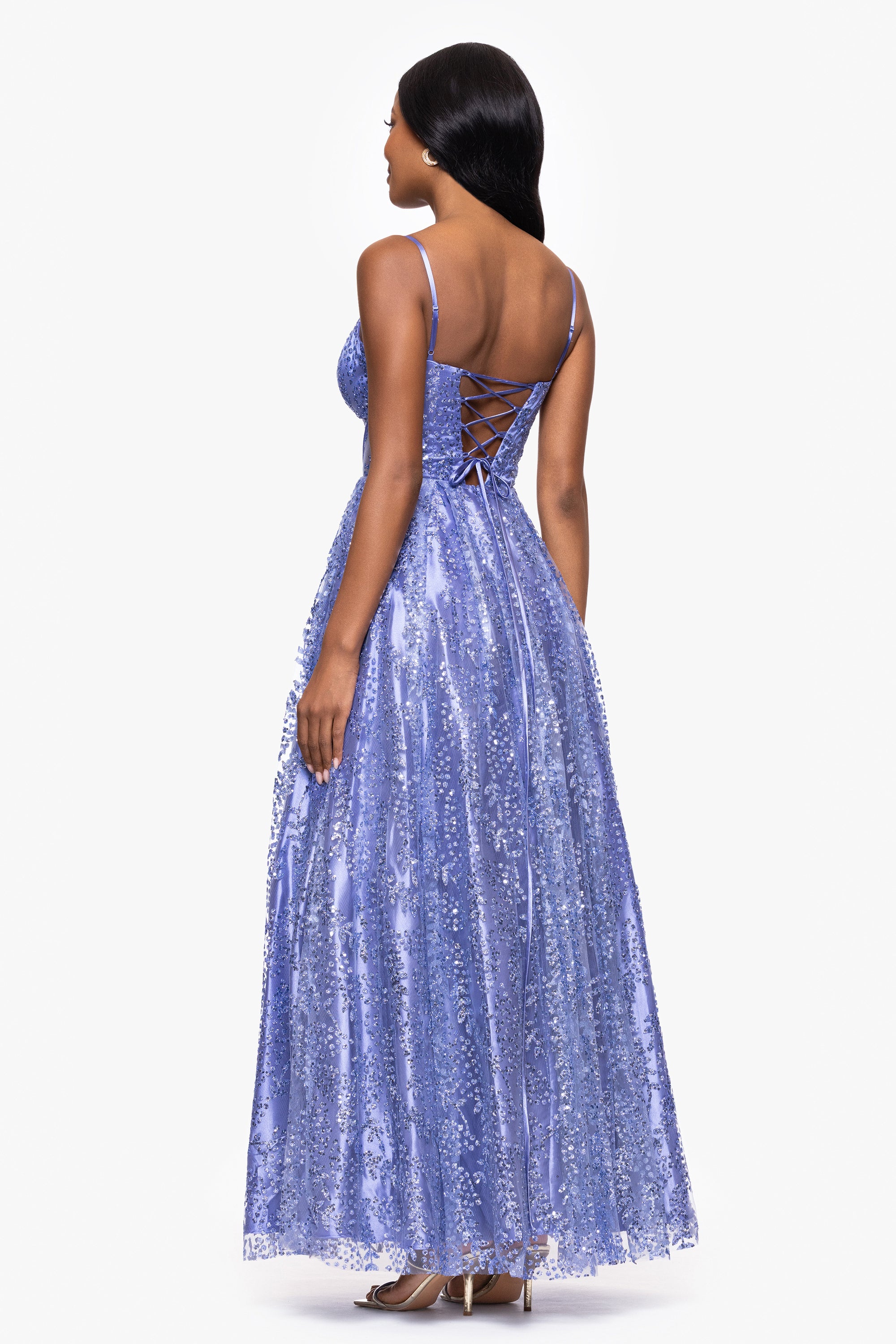 &quot;Lizzy&quot; Glitter Mesh Corset Floor Length Dress