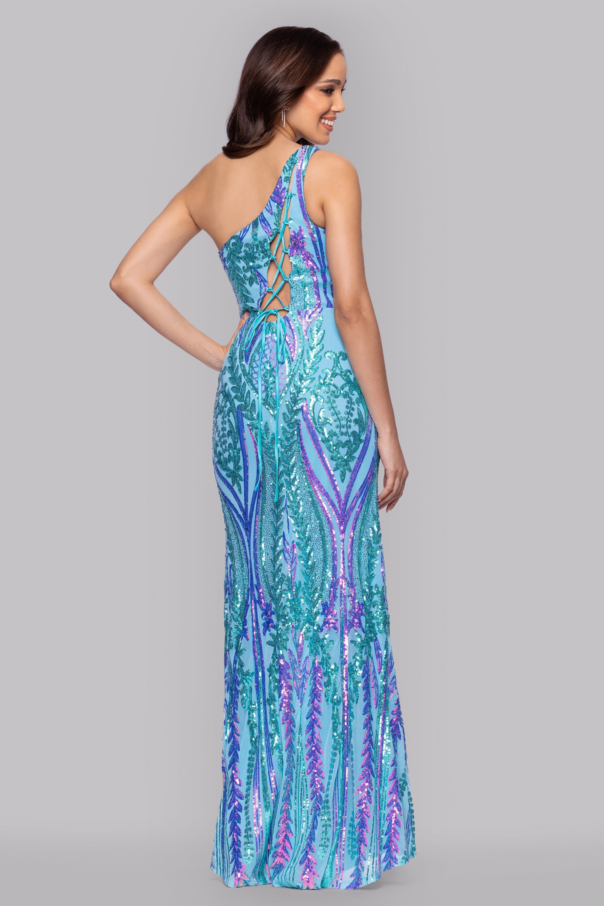 "Terri" Long Placement Sequin One Shoulder Dress
