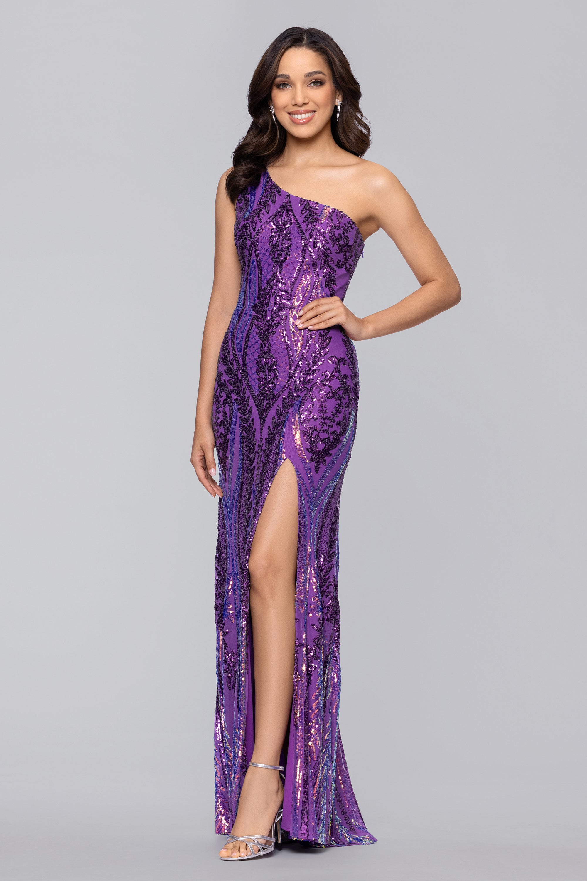"Terri" Long Placement Sequin One Shoulder Dress