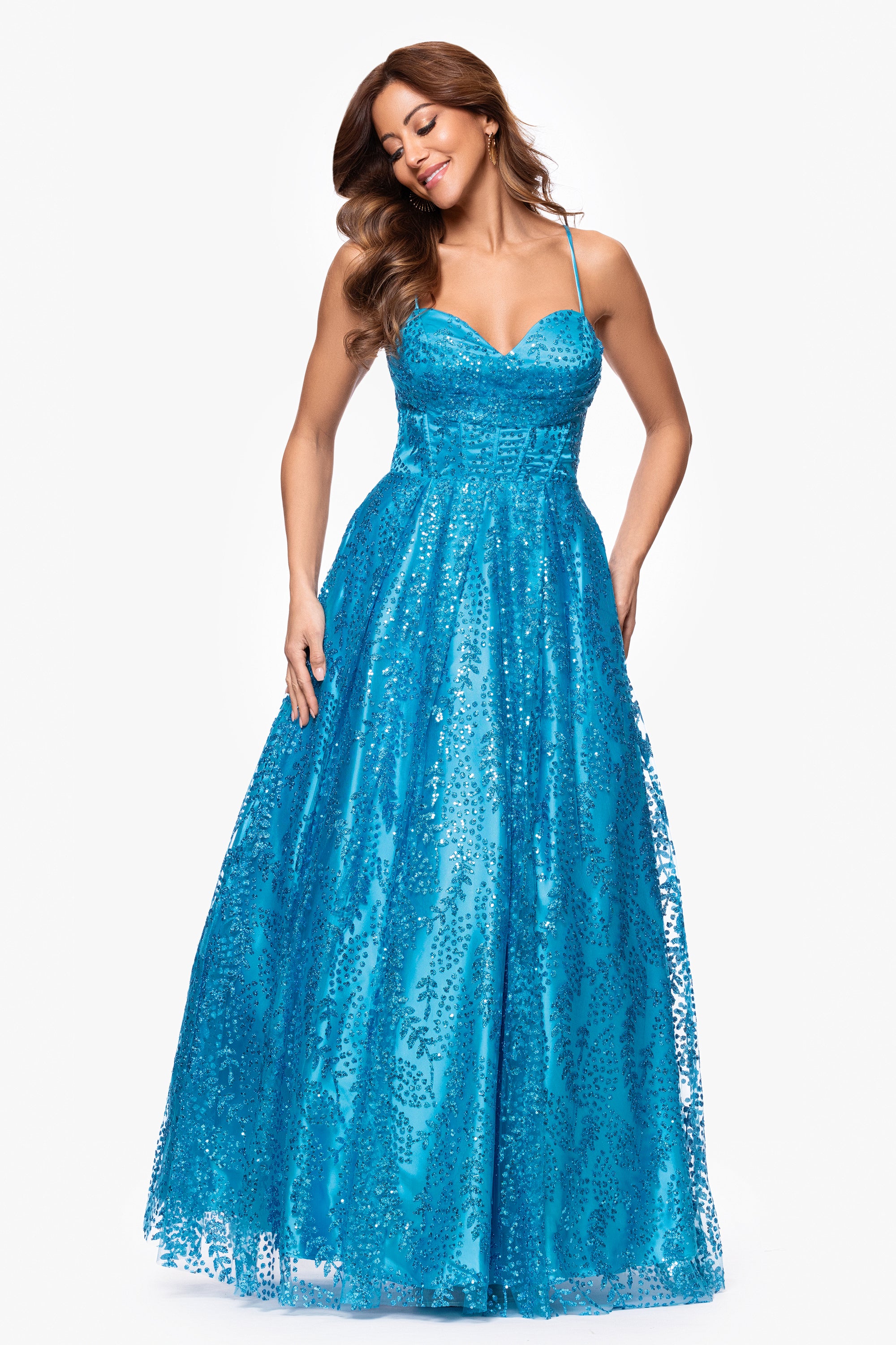 &quot;Megan&quot; Glitter Floor Length Drape Neck Floor Length Dress