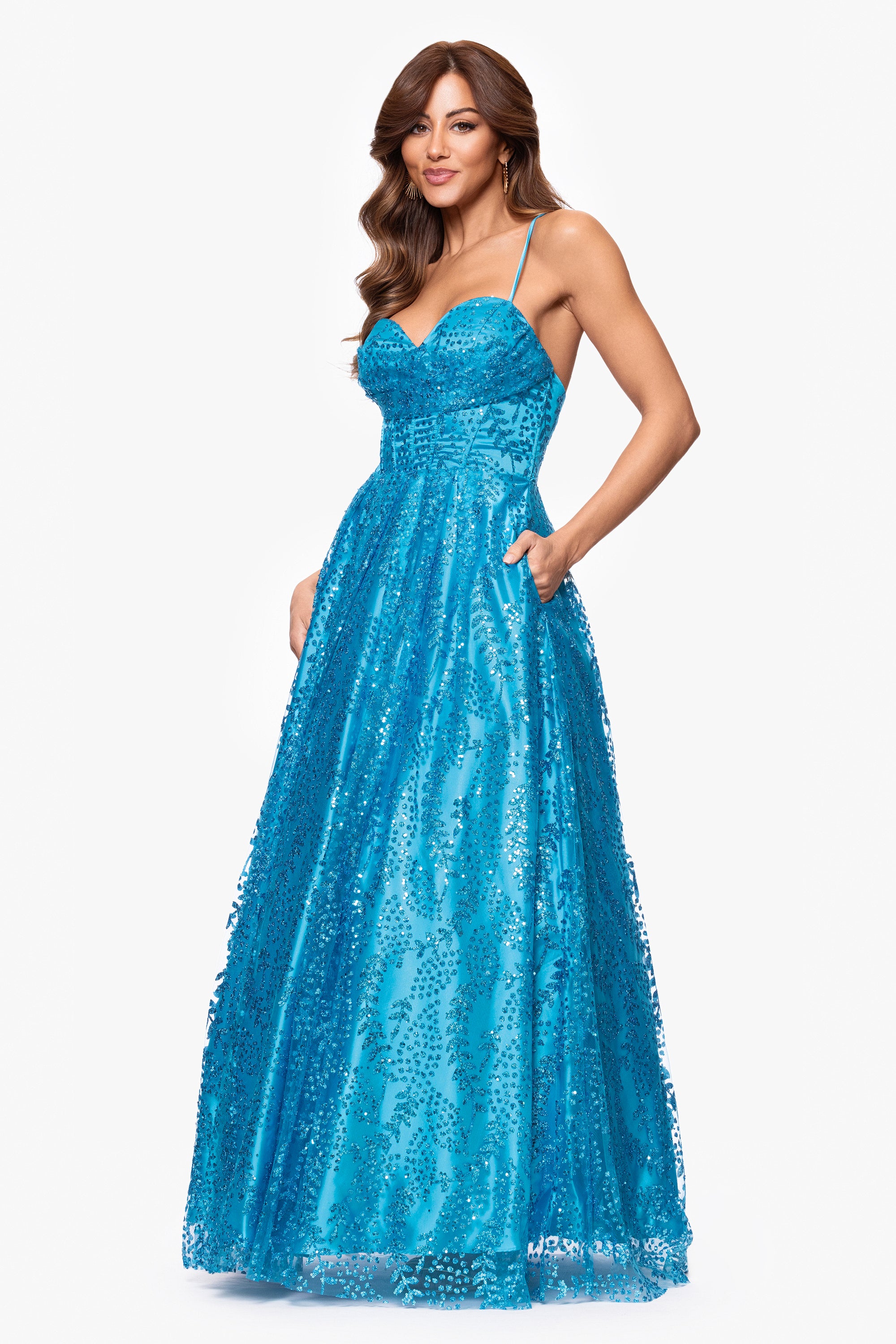 &quot;Megan&quot; Glitter Floor Length Drape Neck Floor Length Dress