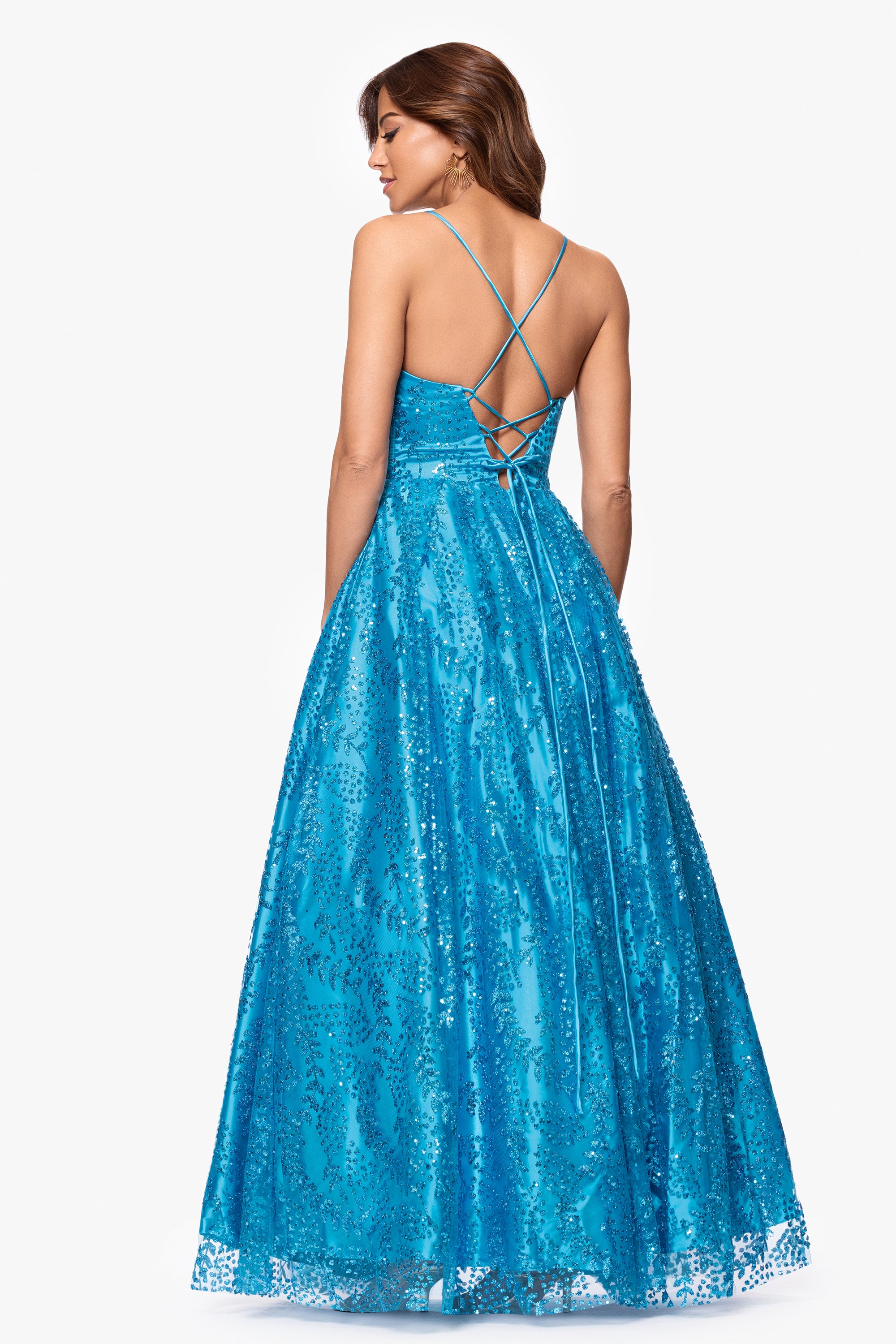 &quot;Megan&quot; Glitter Floor Length Drape Neck Floor Length Dress