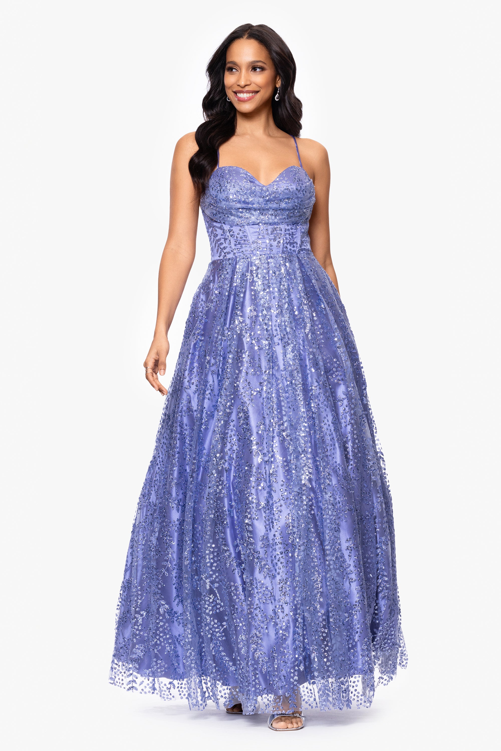 &quot;Megan&quot; Glitter Floor Length Drape Neck Floor Length Dress