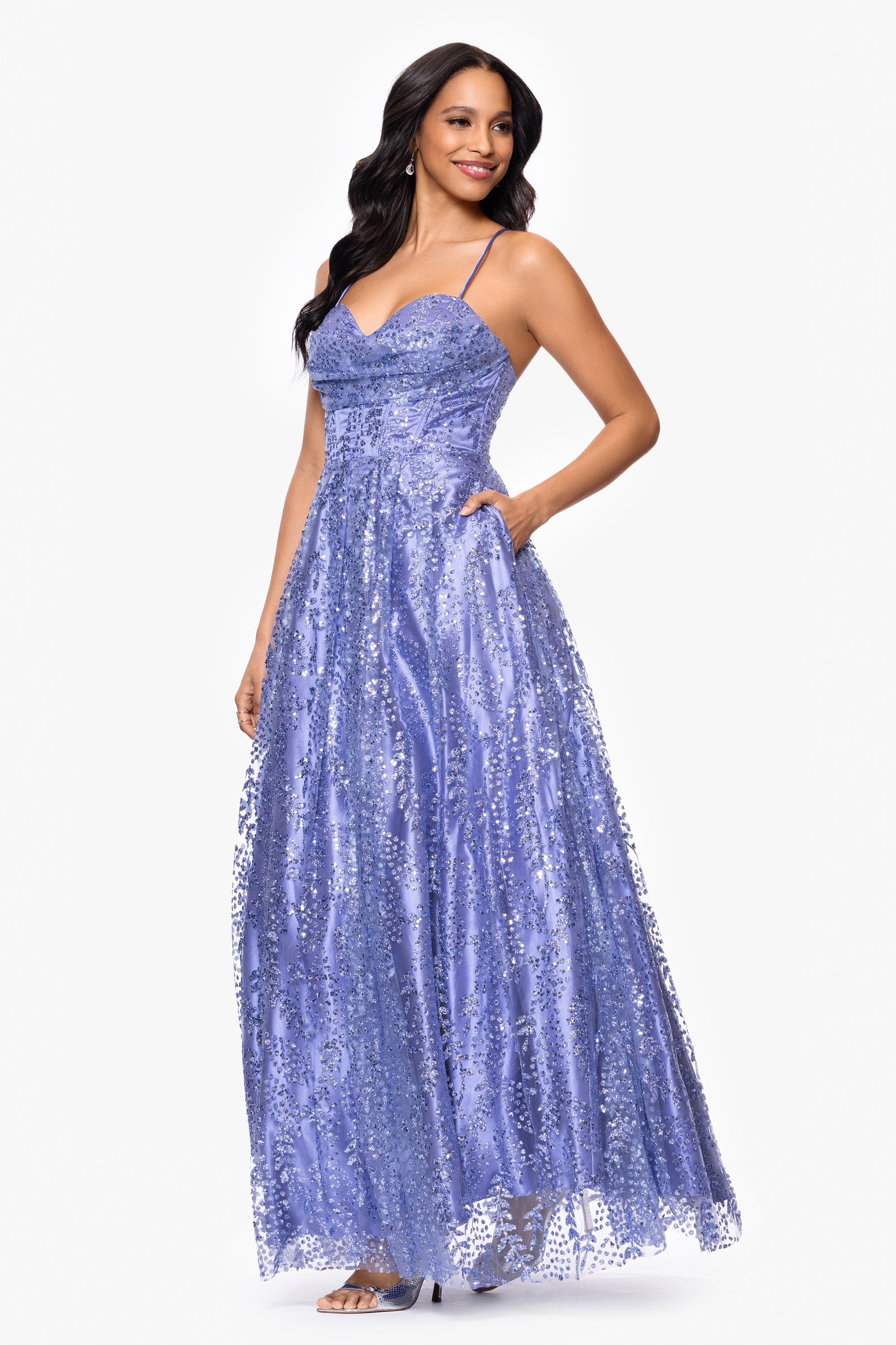 &quot;Megan&quot; Glitter Floor Length Drape Neck Floor Length Dress