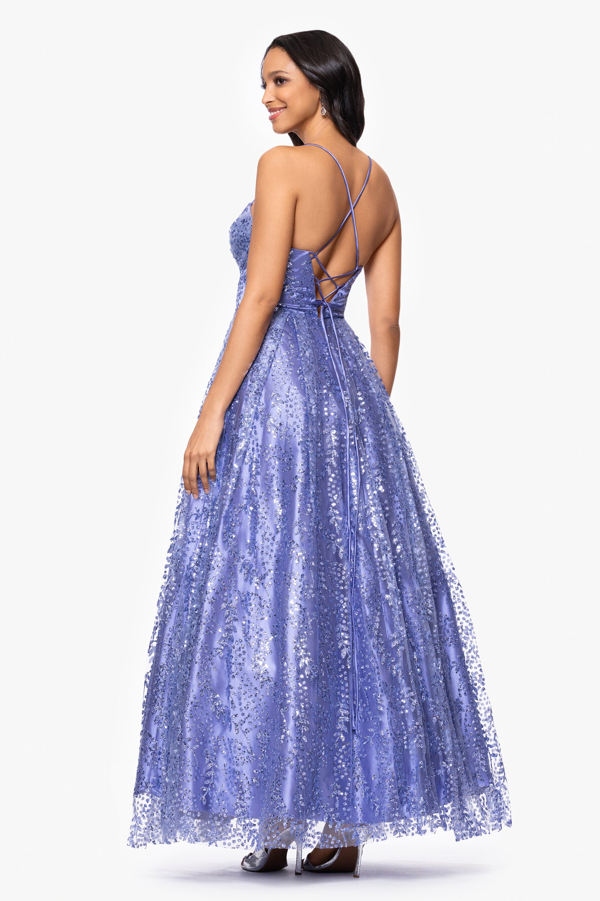 &quot;Megan&quot; Glitter Floor Length Drape Neck Floor Length Dress