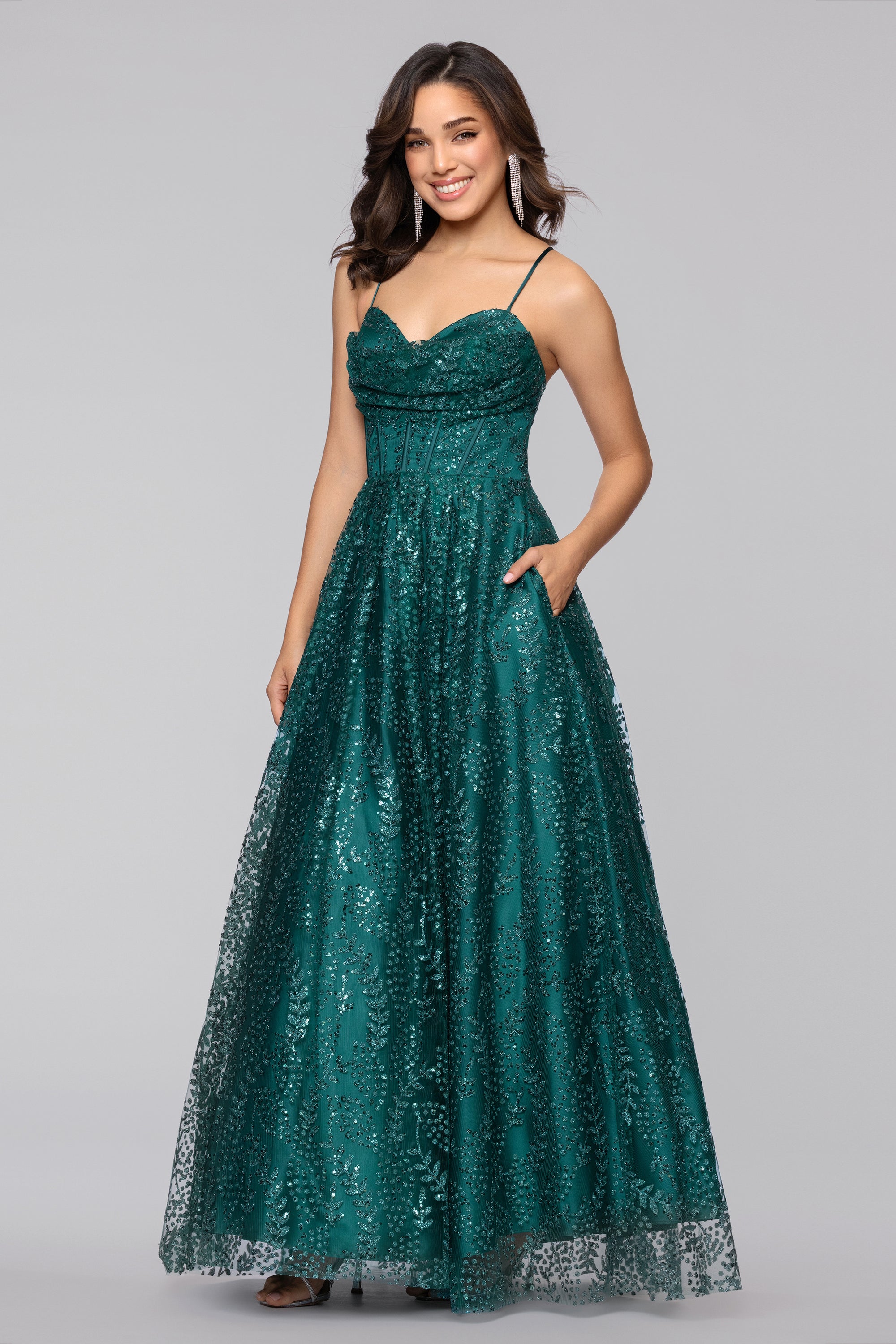 teal glitter dress Gothic Teal Blue and Gold Sequin Evening Gown with Draped Train - Strapless Glitter Dress