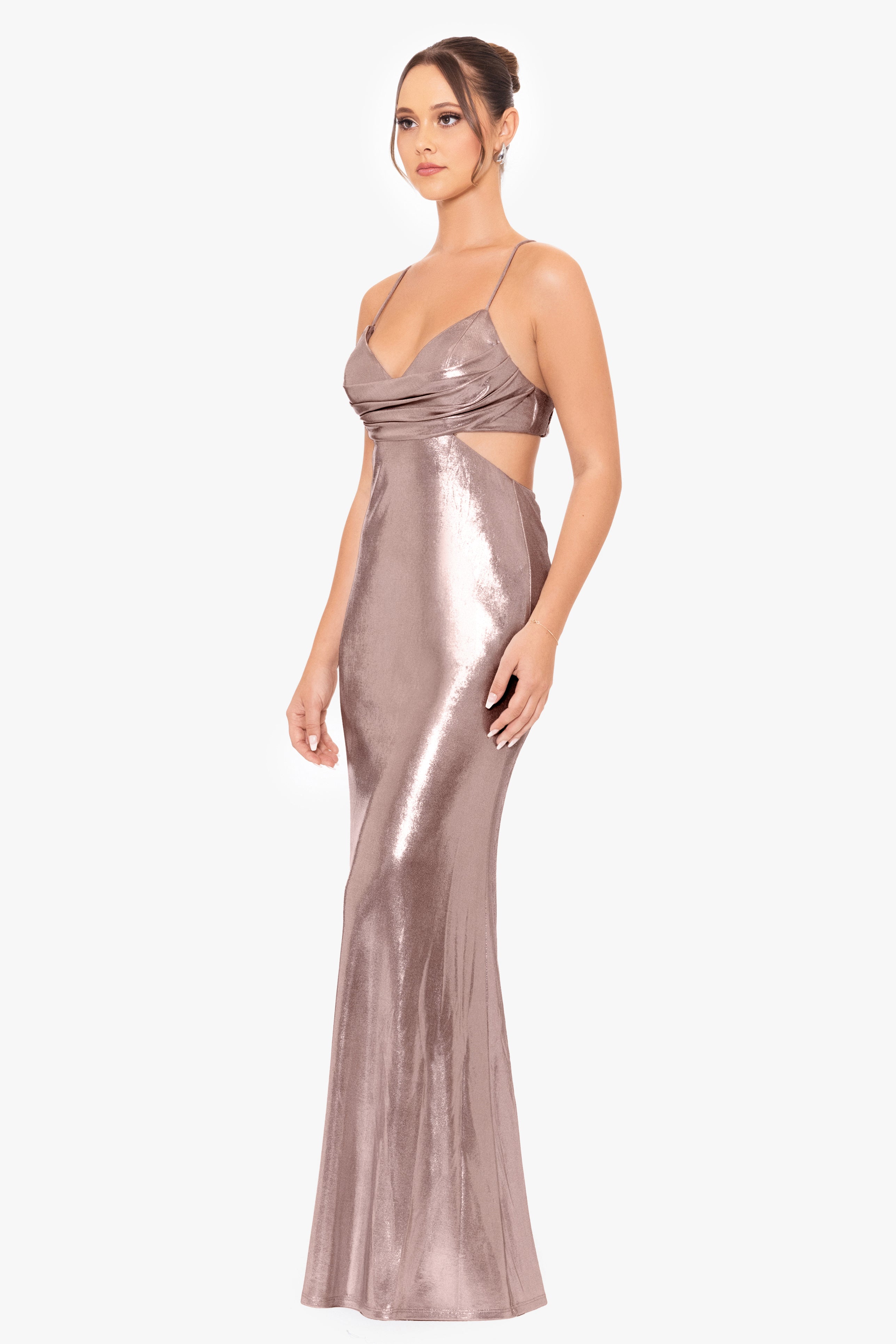 &quot;Livy&quot; Metallic Backless Gown