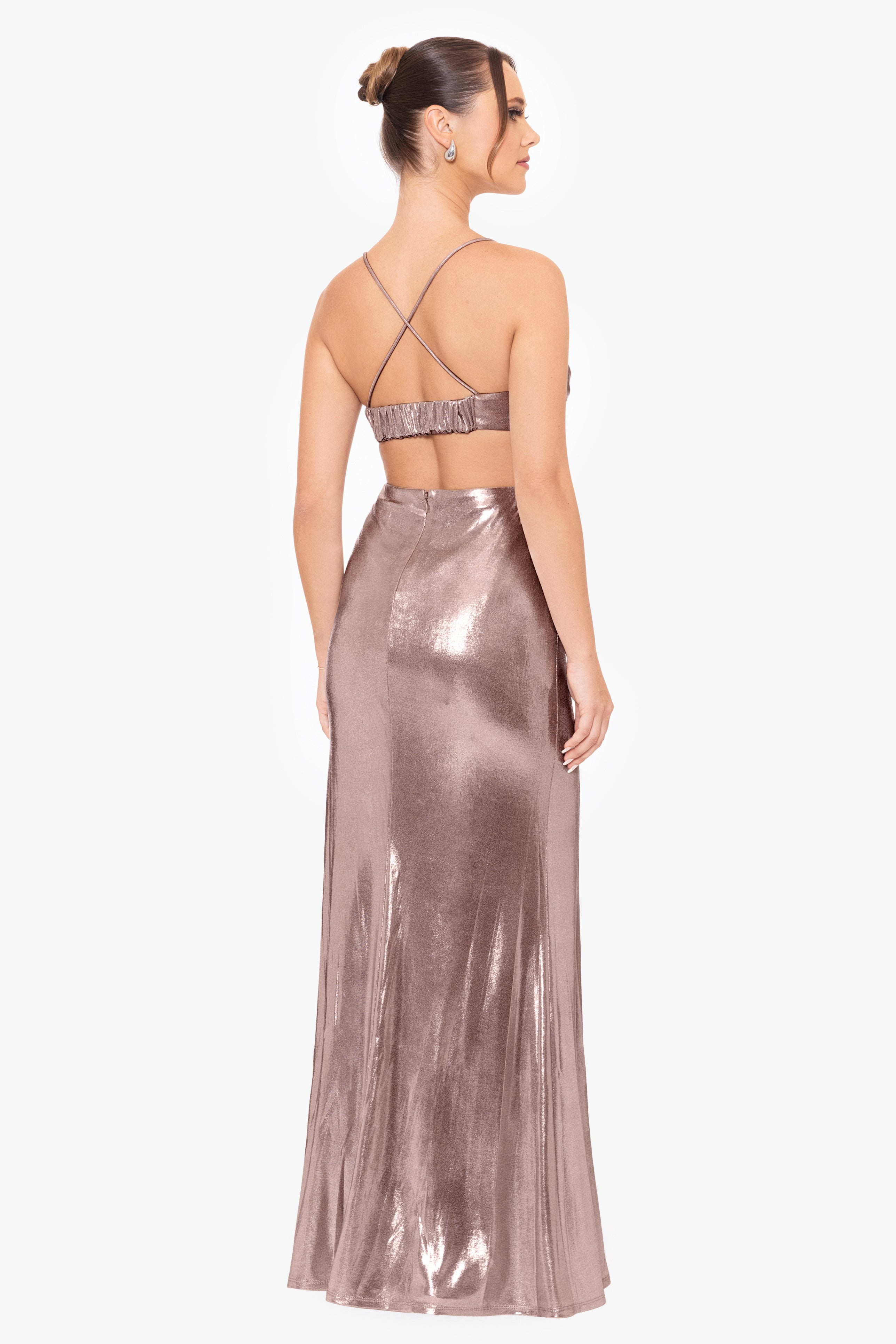 &quot;Livy&quot; Metallic Backless Gown