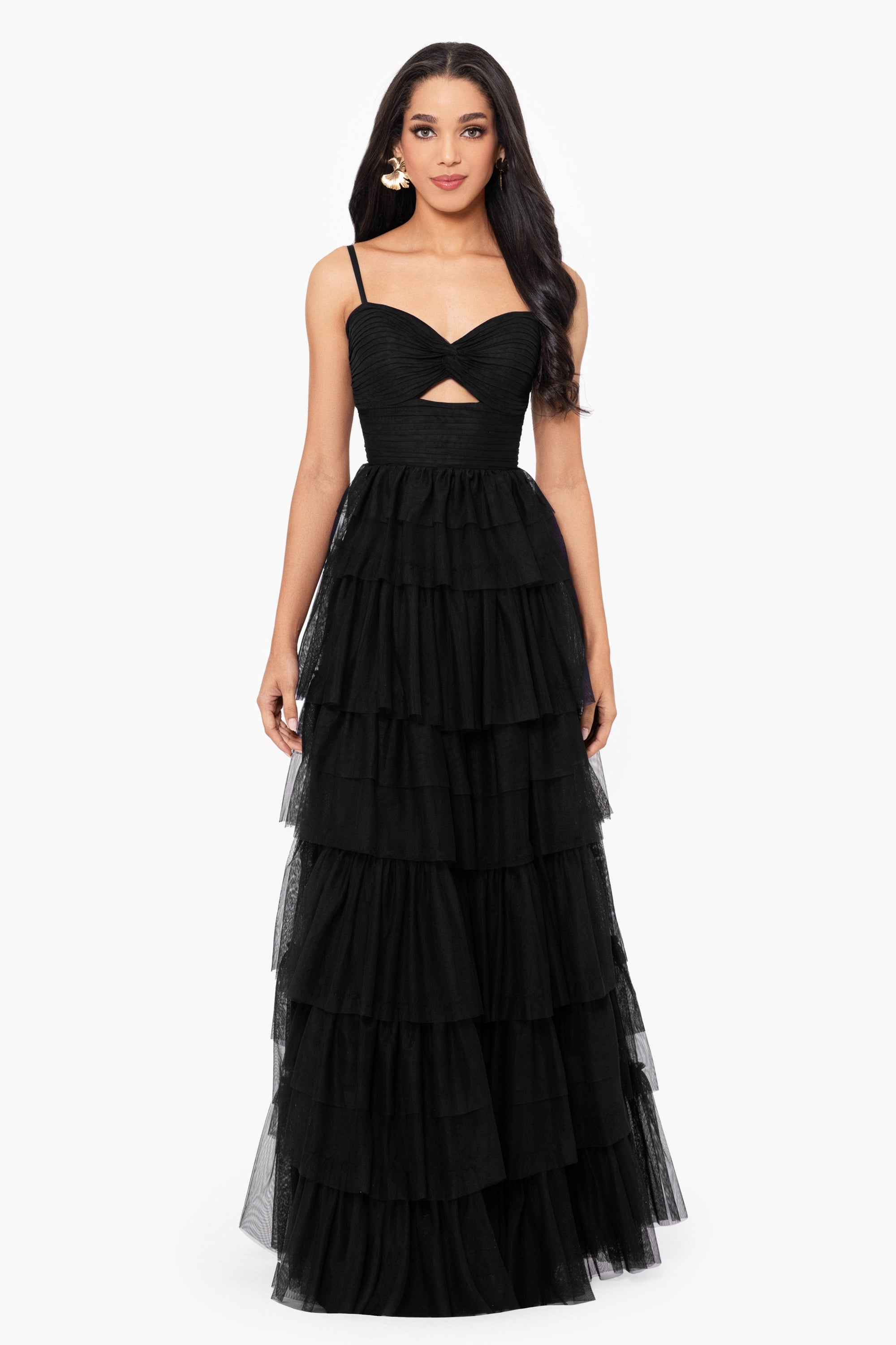 &quot;Tyler&quot; Long Mesh Tiered Spaghetti Strap Gown