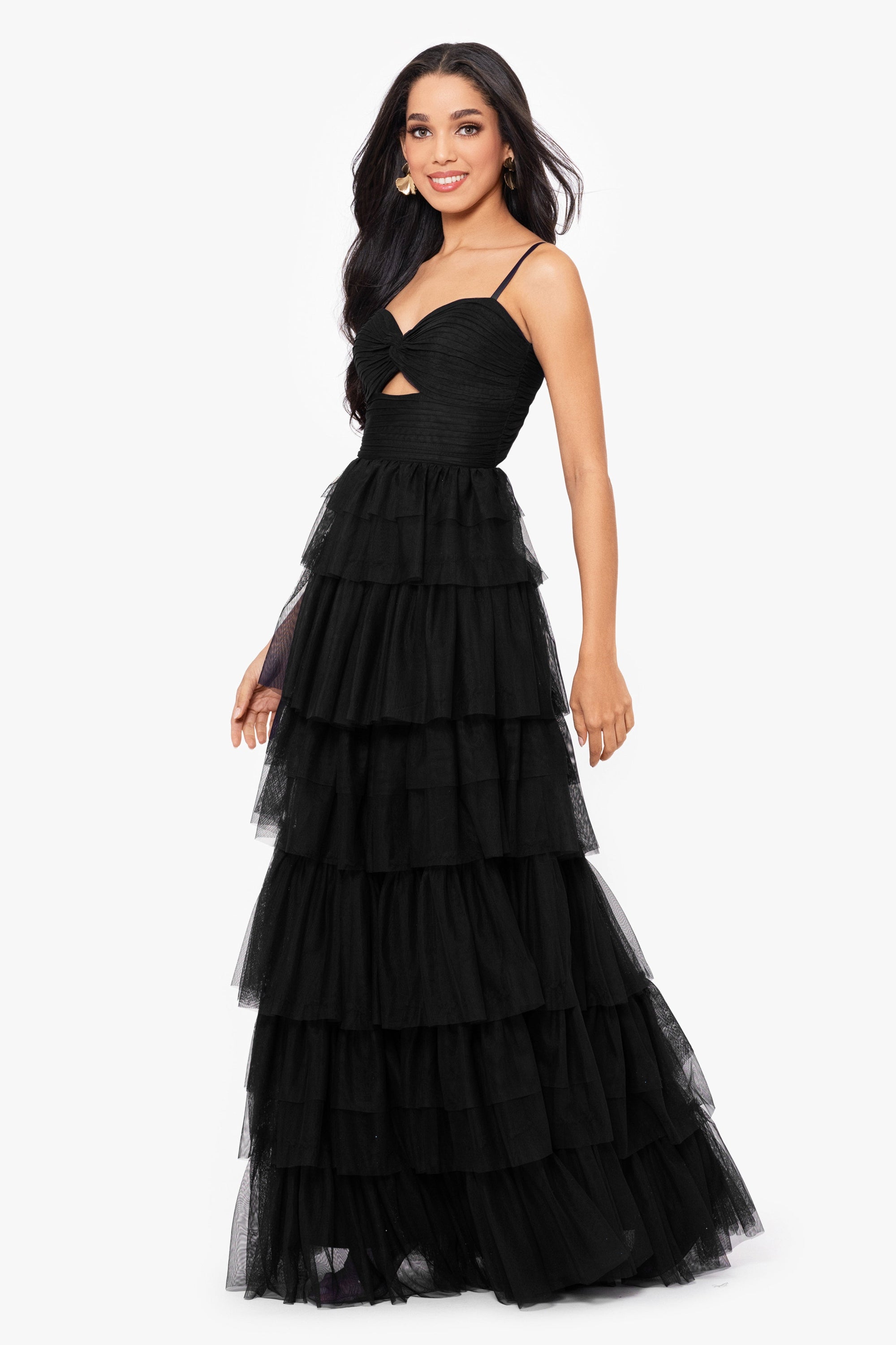 &quot;Tyler&quot; Long Mesh Tiered Spaghetti Strap Gown