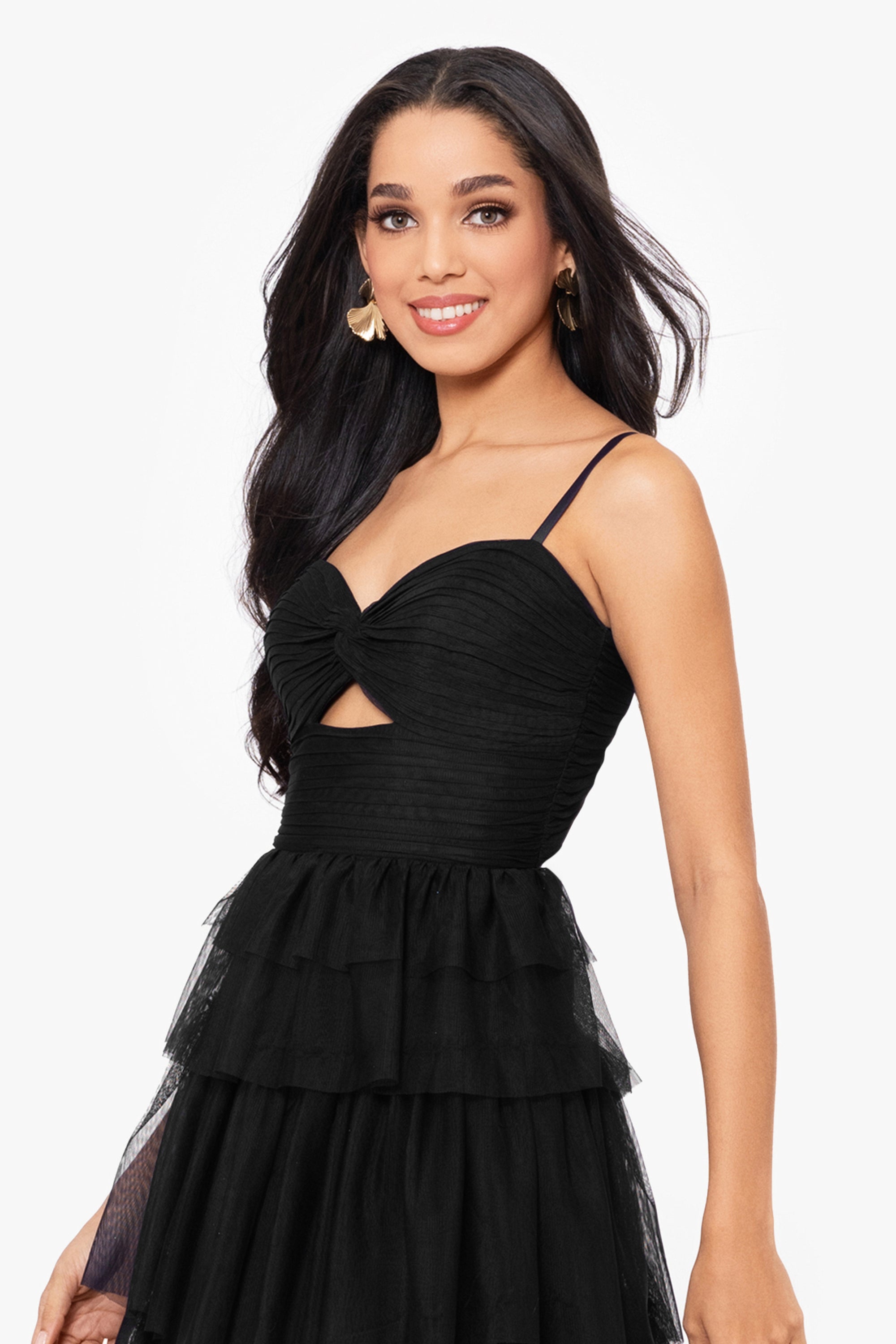 &quot;Tyler&quot; Long Mesh Tiered Spaghetti Strap Gown