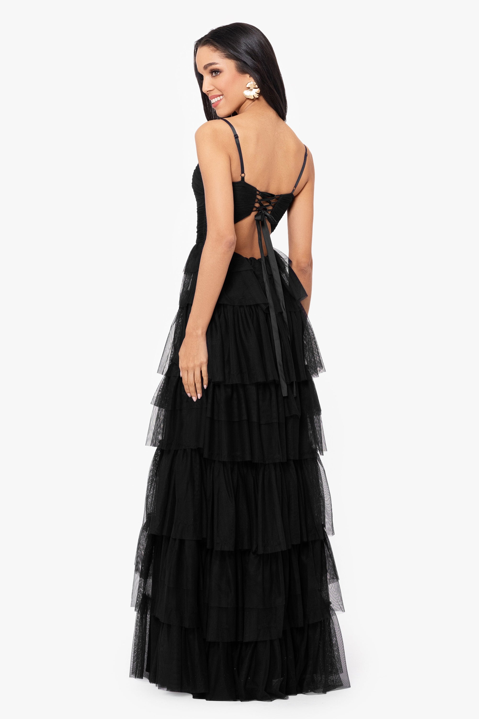 &quot;Tyler&quot; Long Mesh Tiered Spaghetti Strap Gown