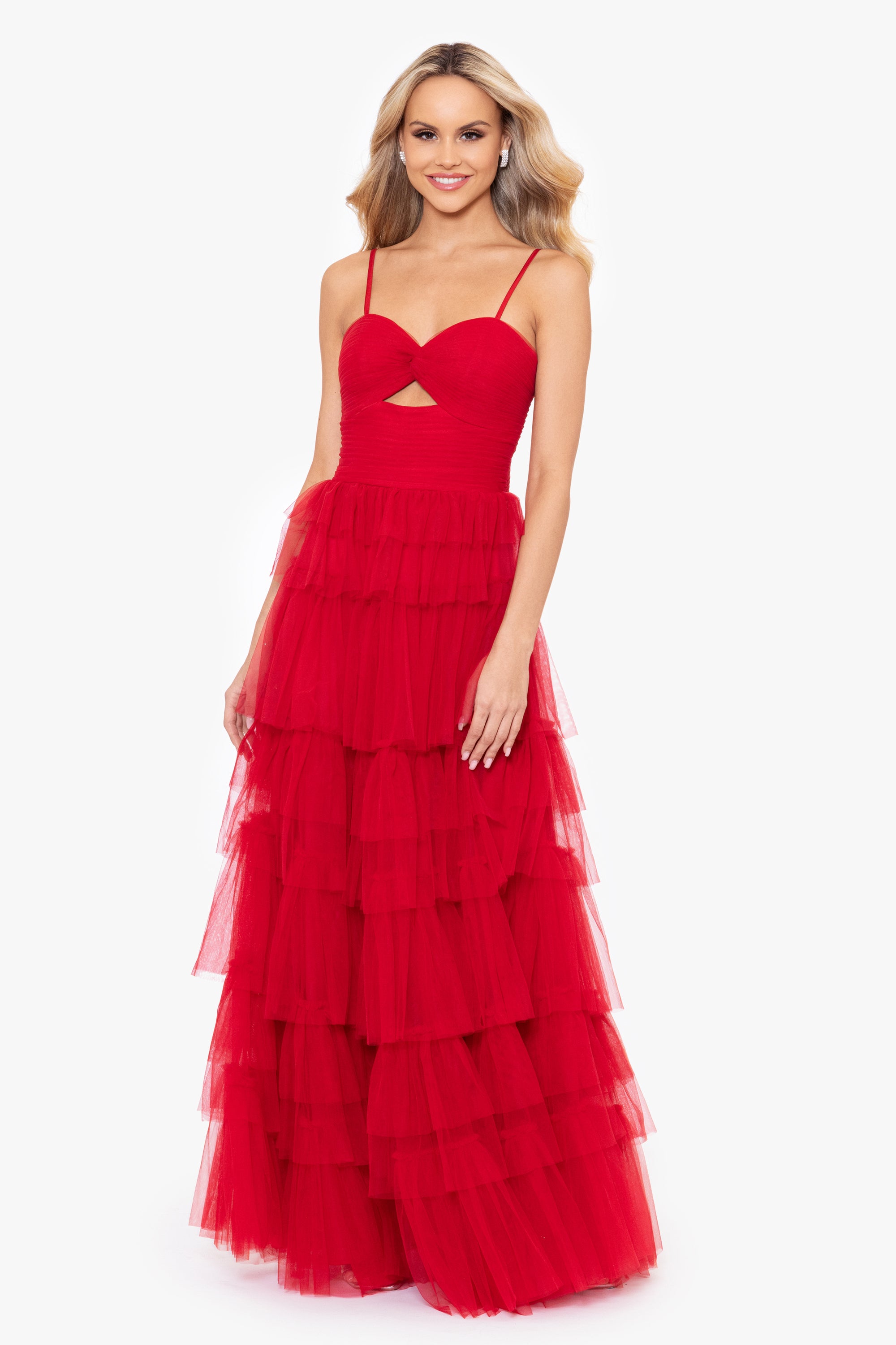 &quot;Tyler&quot; Long Mesh Tiered Spaghetti Strap Gown