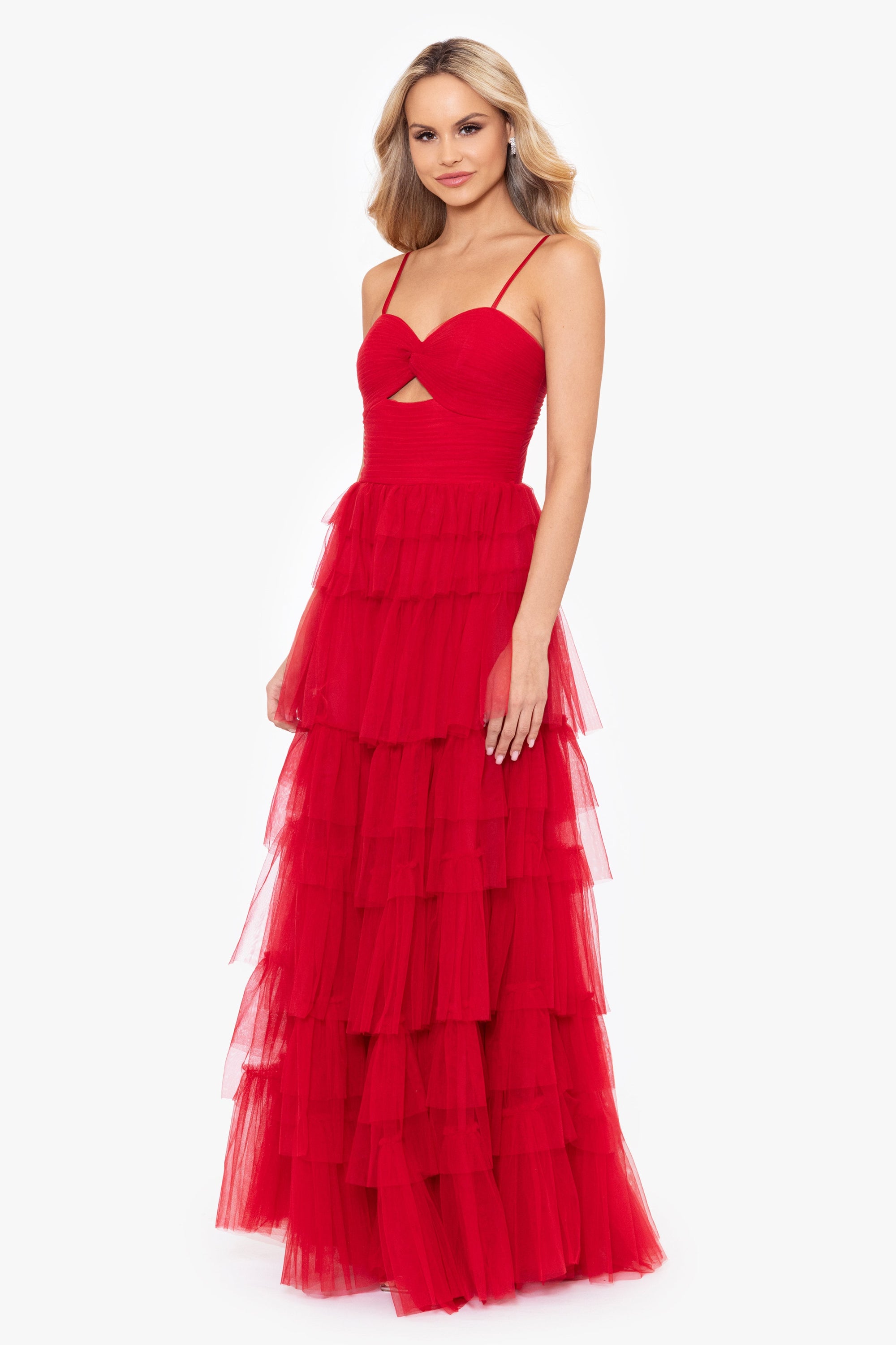 &quot;Tyler&quot; Long Mesh Tiered Spaghetti Strap Gown