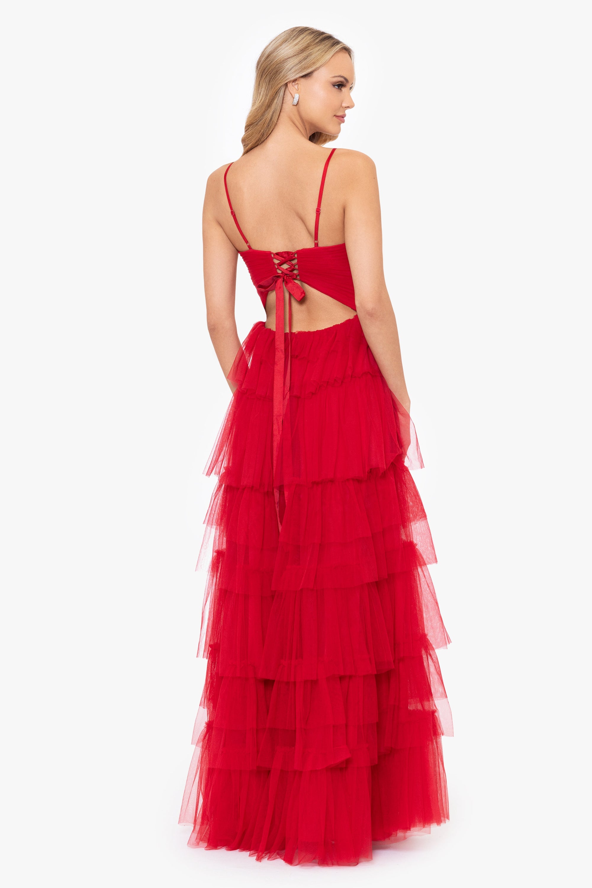 &quot;Tyler&quot; Long Mesh Tiered Spaghetti Strap Gown