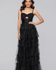 "Tyler" Long Mesh Tiered Spaghetti Strap Gown