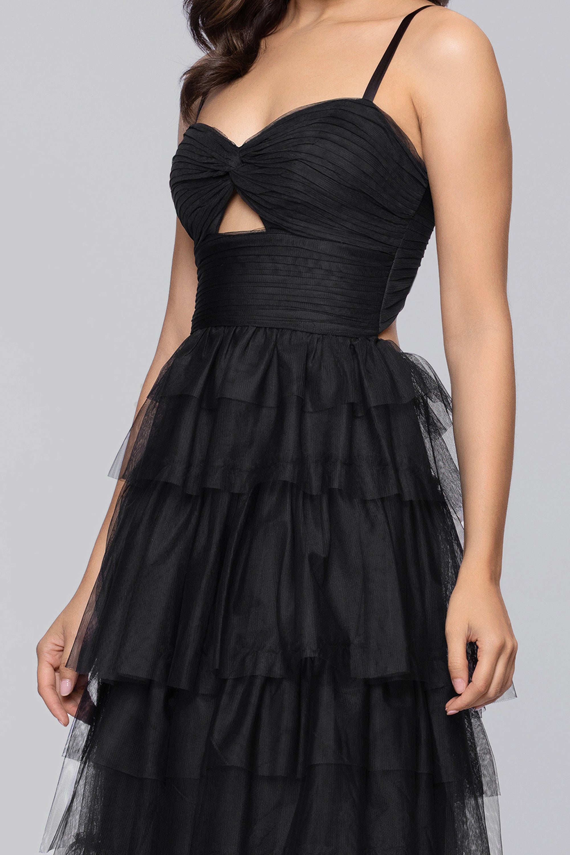 "Tyler" Long Mesh Tiered Spaghetti Strap Gown