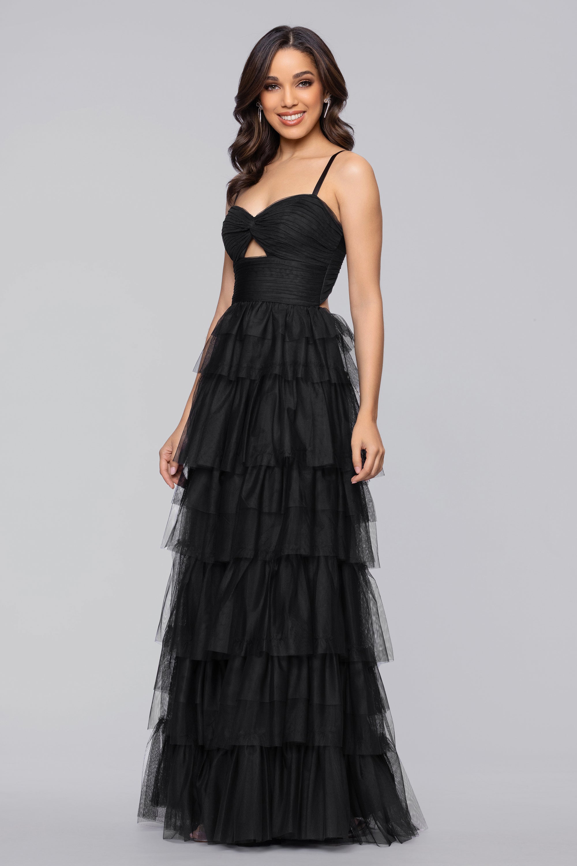 "Tyler" Long Mesh Tiered Spaghetti Strap Gown