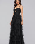 "Tyler" Long Mesh Tiered Spaghetti Strap Gown