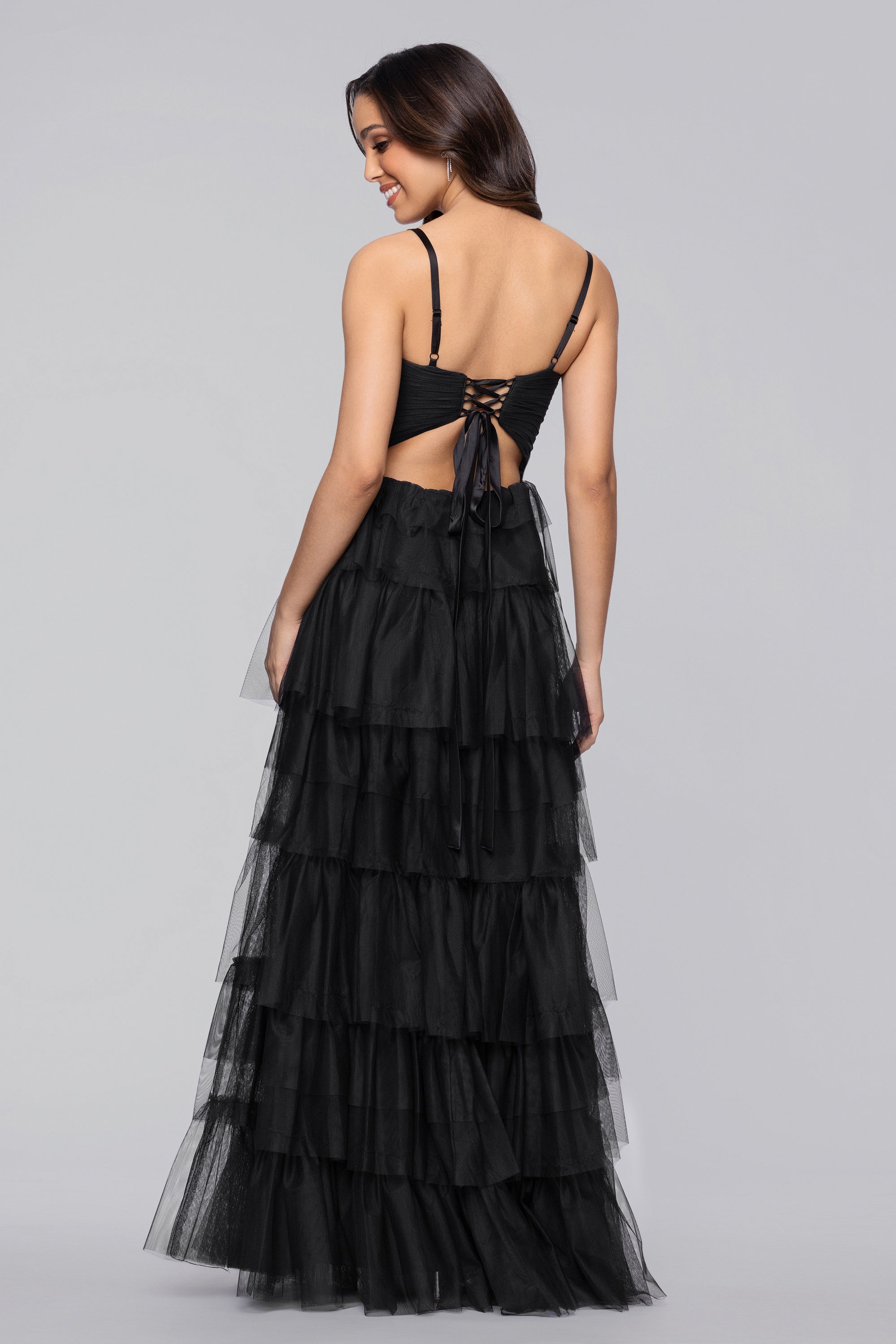 "Tyler" Long Mesh Tiered Spaghetti Strap Gown