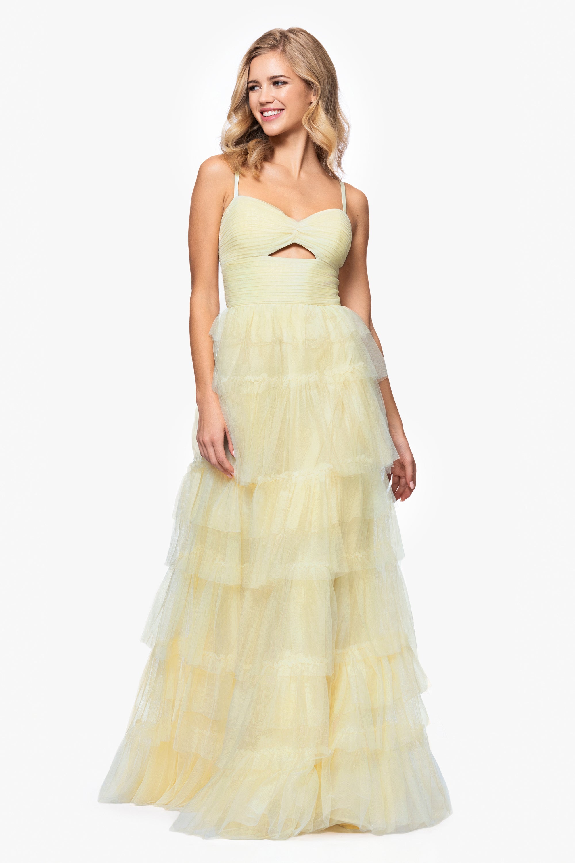 &quot;Tyler&quot; Long Mesh Tiered Spaghetti Strap Gown