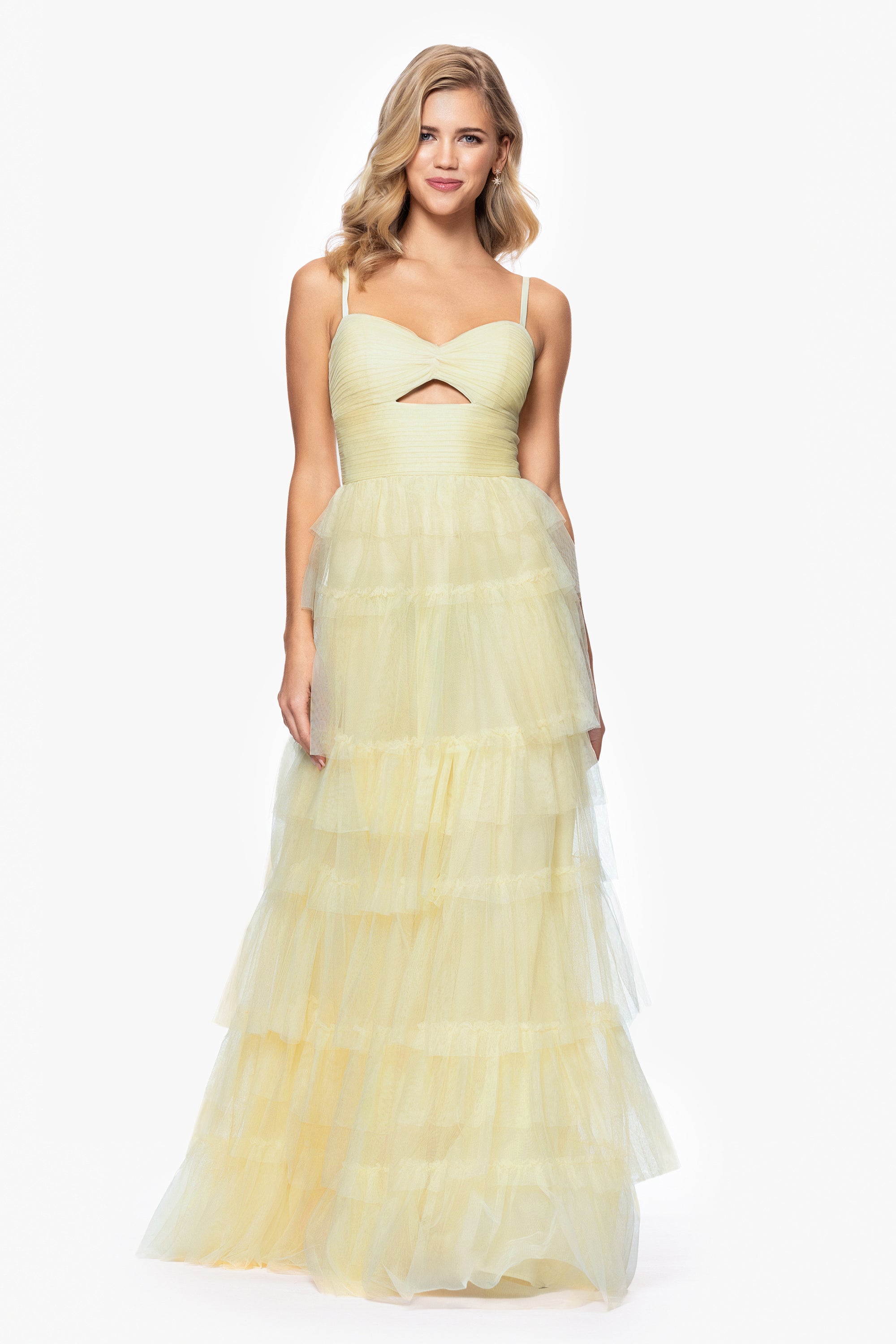 &quot;Tyler&quot; Long Mesh Tiered Spaghetti Strap Gown